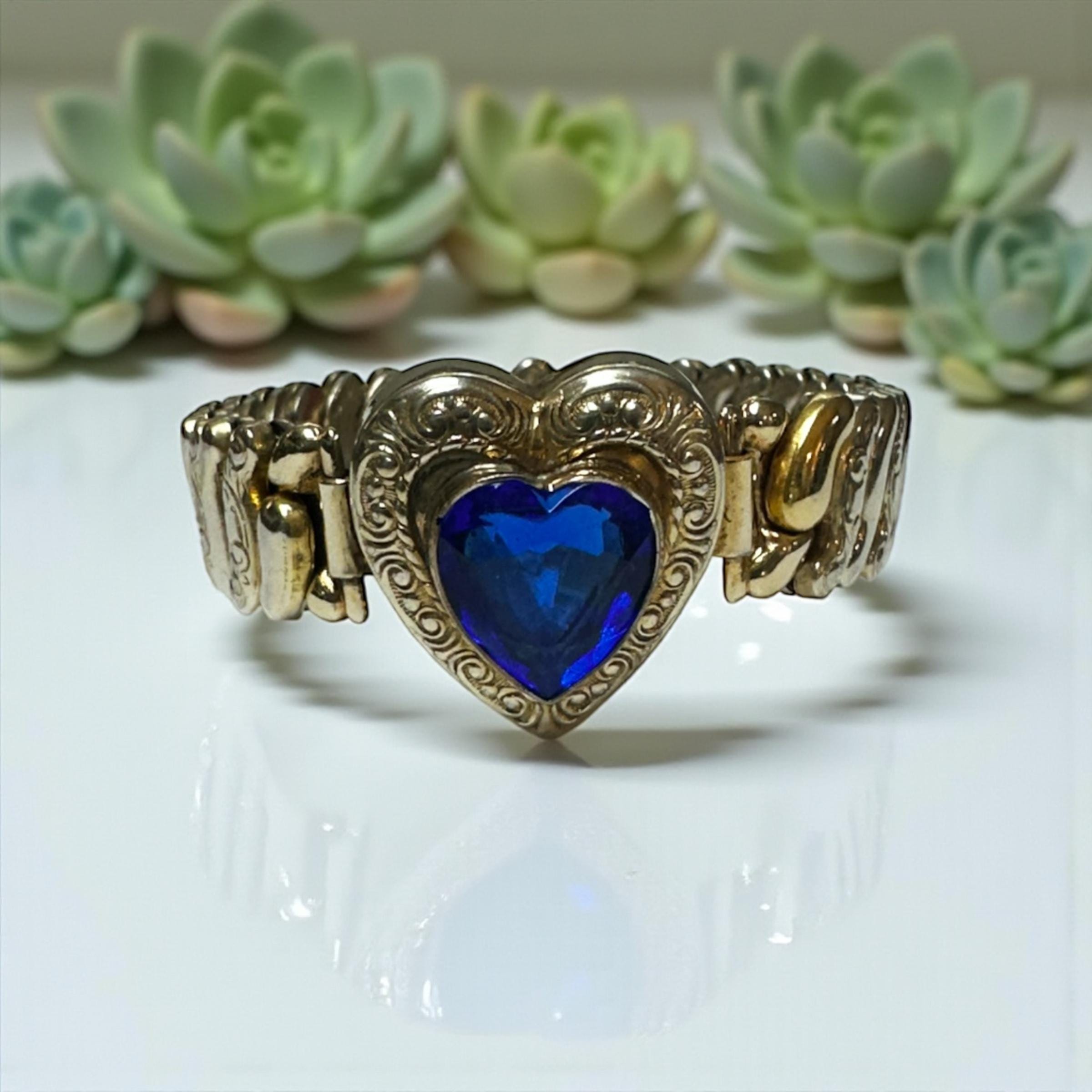 Antique Glass Heart Gold Sterling Silver Sweetheart Expansion Bracelet-1930s-40s