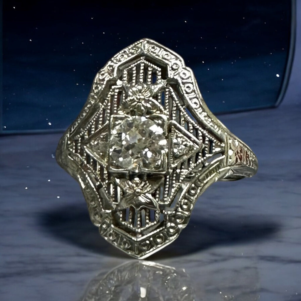 18K White Gold Diamond Filigree Ring: Edwardian Antique Jewelry