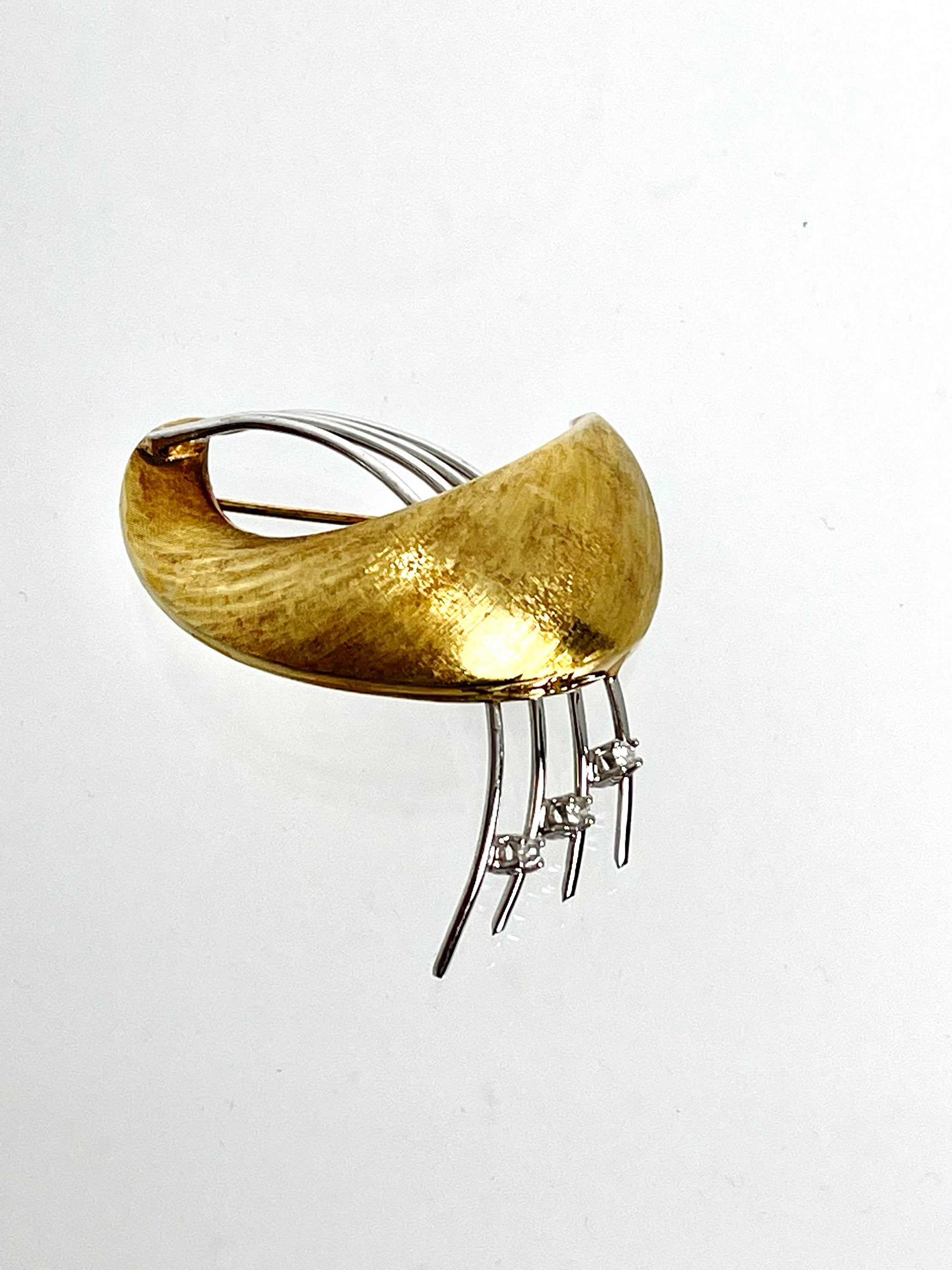 Vintage Yellow and White Gold Diamond Brooch, Free Form Pin
