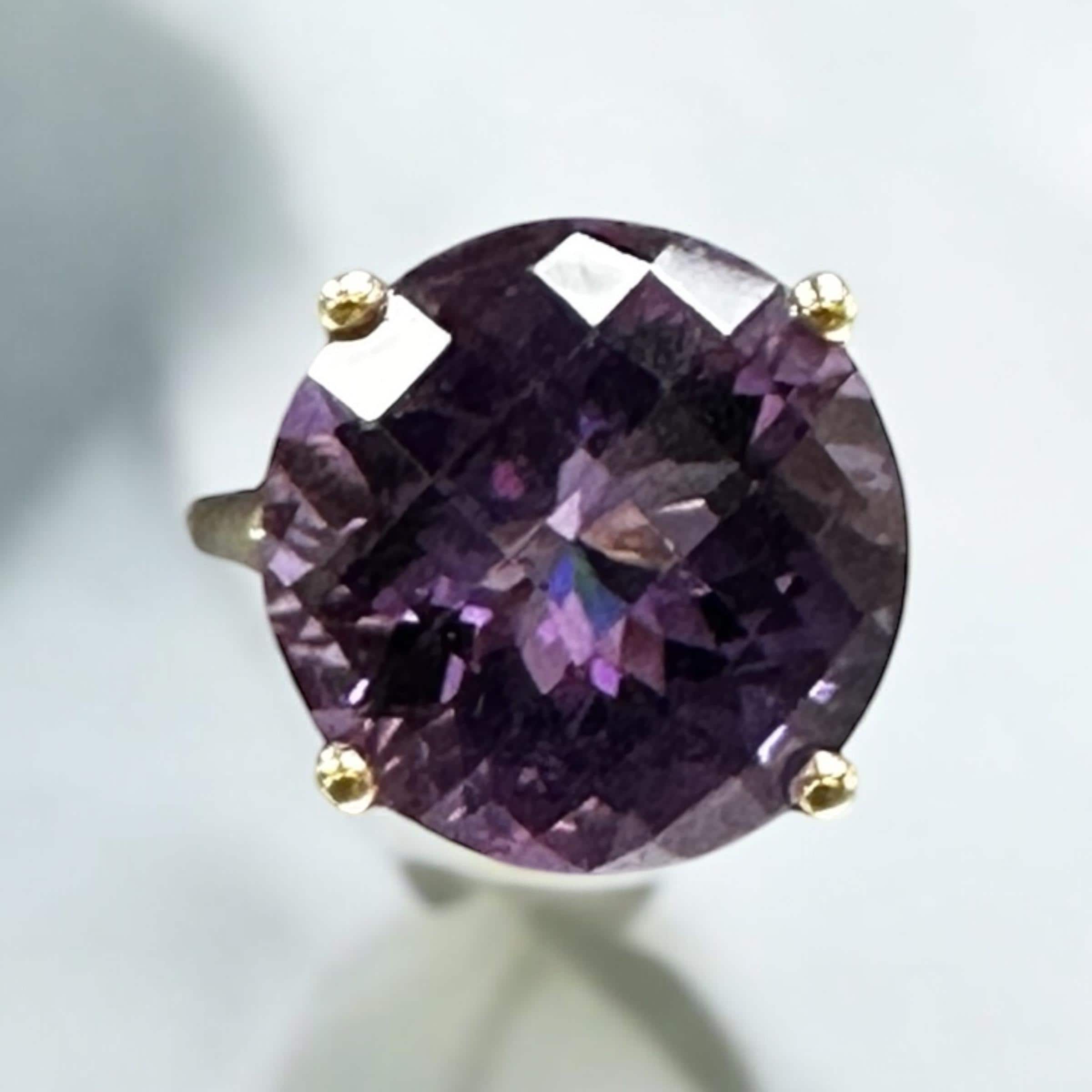 Yellow Gold Vintage Amethyst Ring - Checkerboard Faceted Gemstone