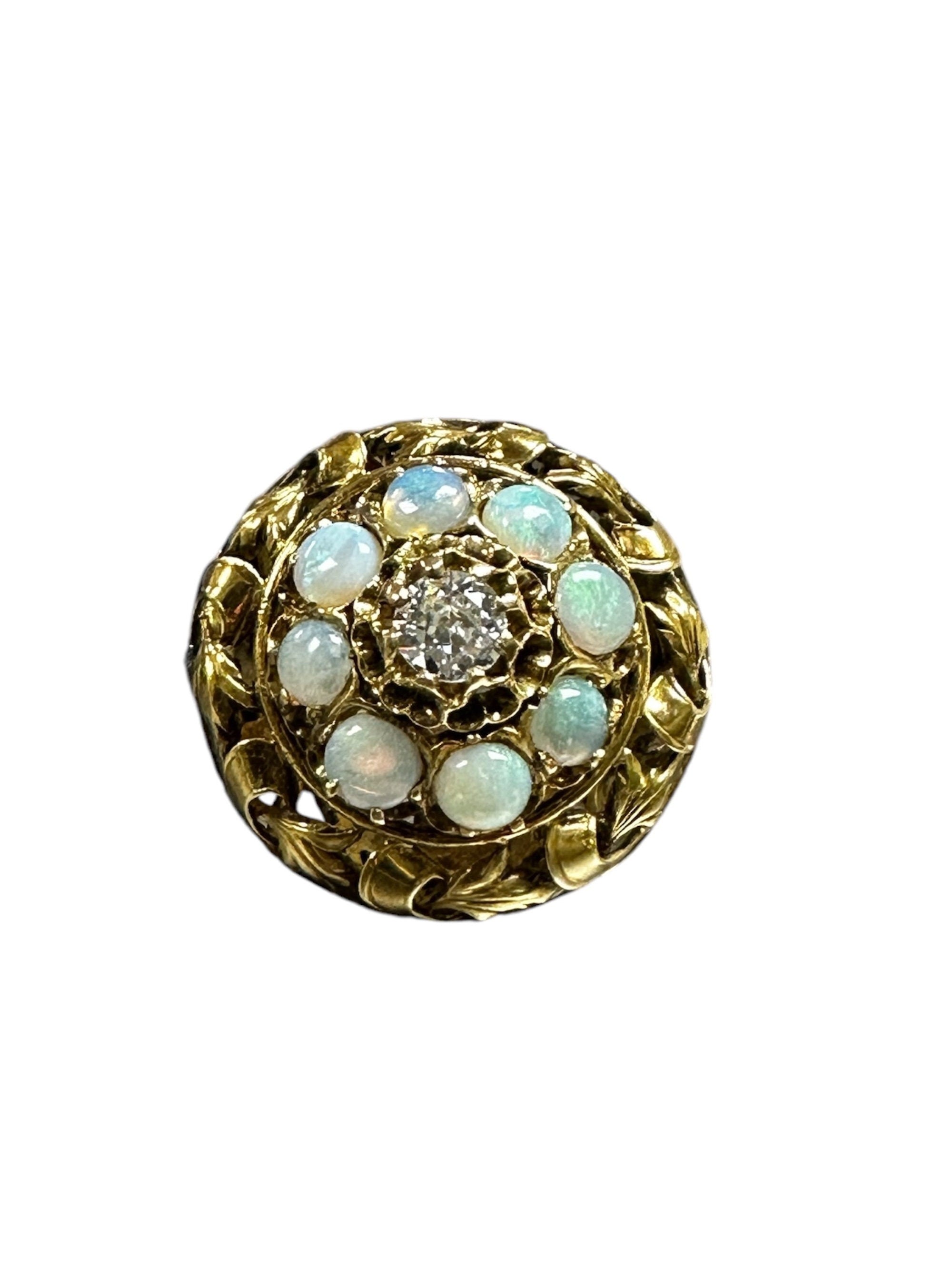 Yellow Gold Opal Diamond Ring: Floral Estate Jewelry