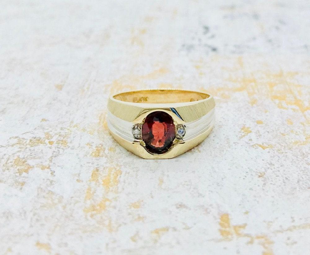 Vintage Garnet and Diamond Two Tone Gold Ring with Brush Finish