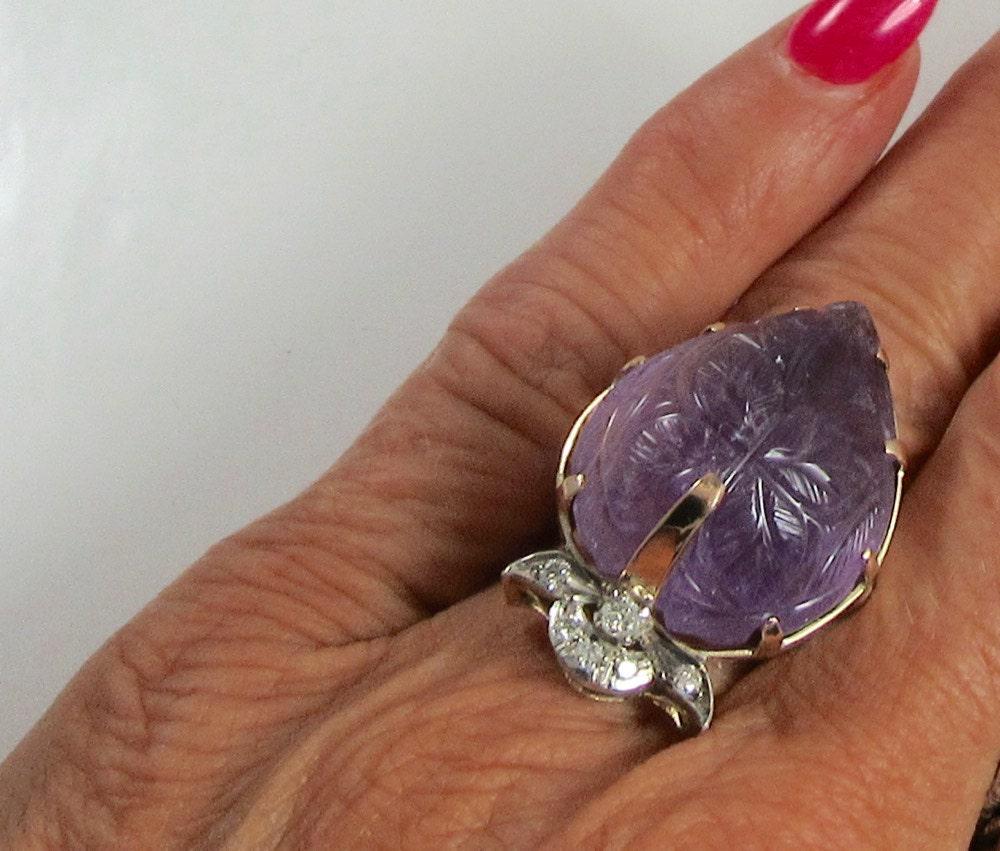 1970s Carved Amethyst Diamond Ring: 14k Gold Statement Ring, Size 6.5