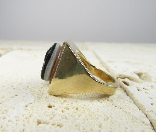 14K Yellow Gold Two-Headed Sardonyx Cameo Ring - 1980s Statement Ring
