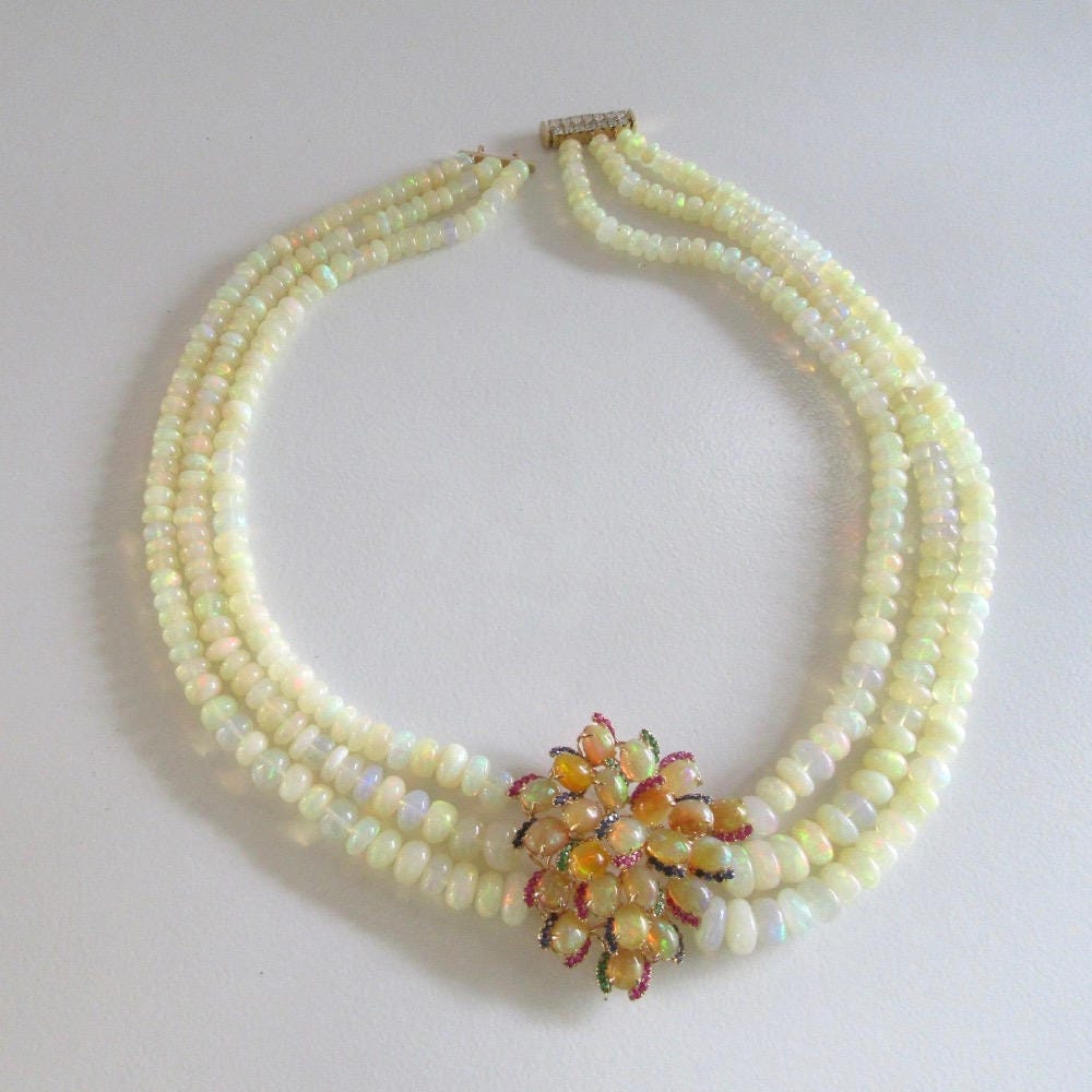 Triple Strand Opal Necklace: Sapphire, Ruby, Emerald & Diamond Clasp