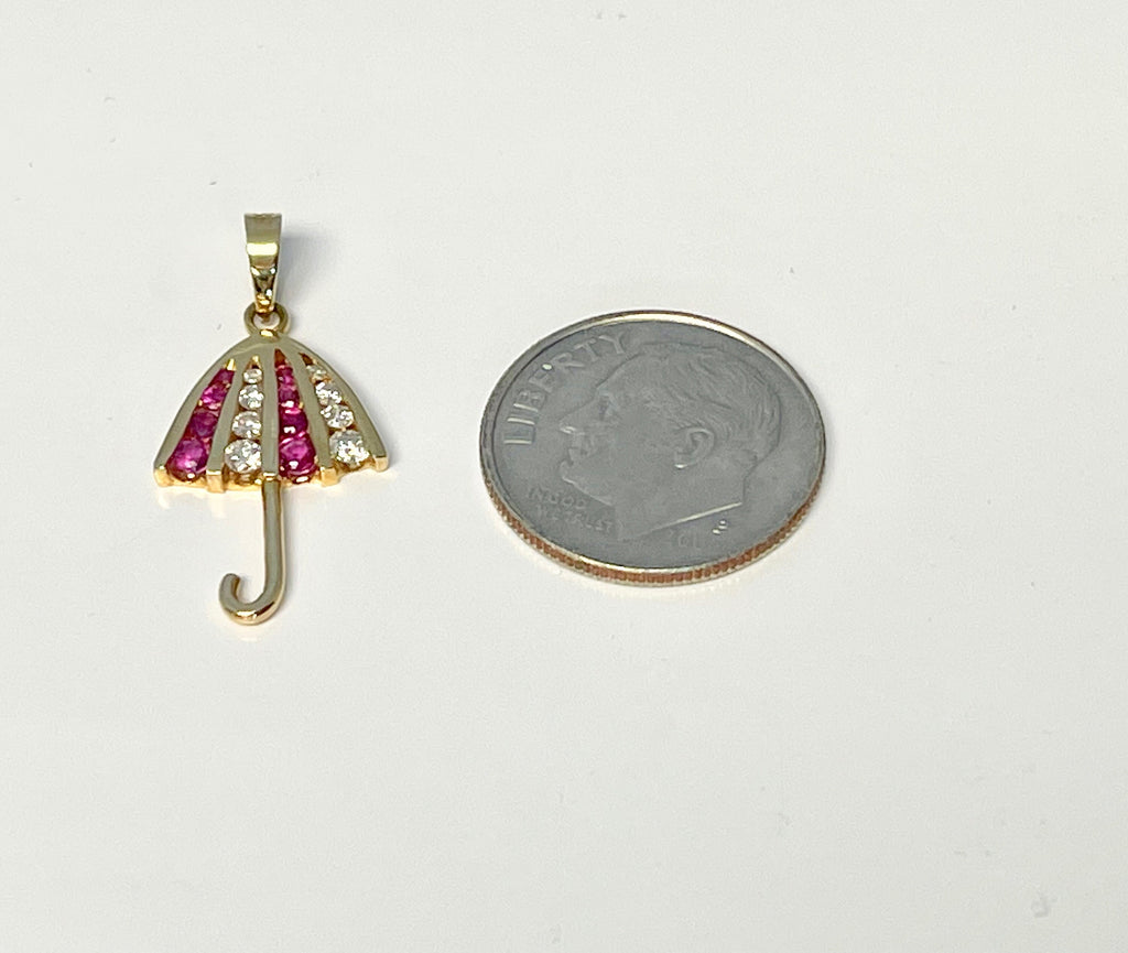 14k Yellow Gold Umbrella Pendant: Ruby and Diamond Charm