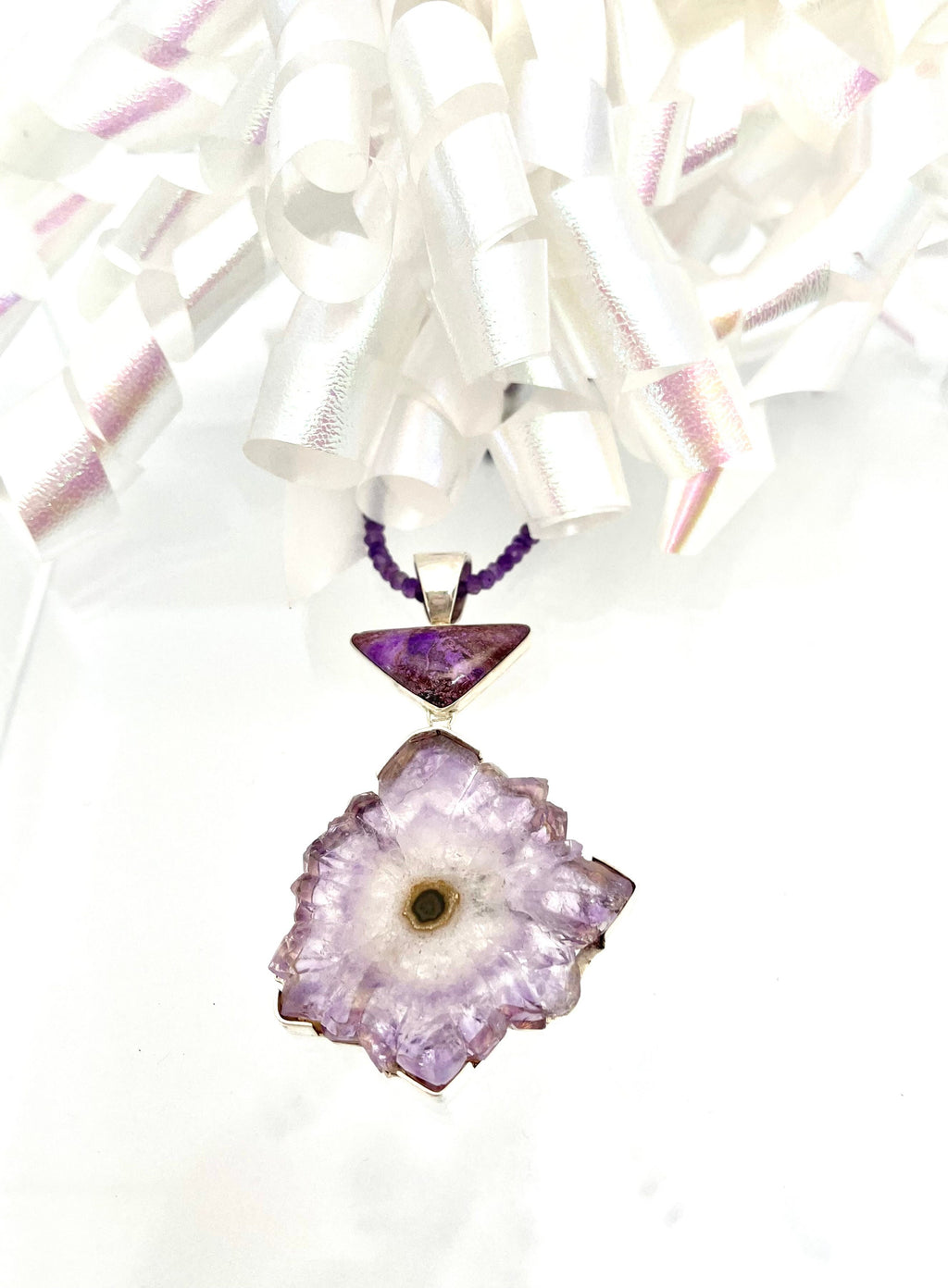 Vintage Sterling Silver Amethyst Stalactite Slice Pendant with Sugilite