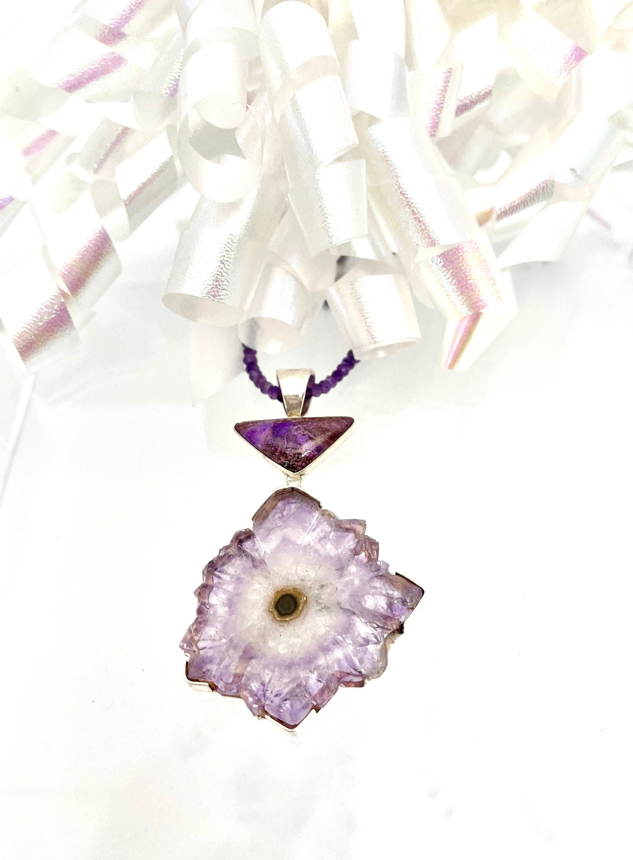 Vintage Sterling Silver Amethyst Stalactite Slice Pendant with Sugilite