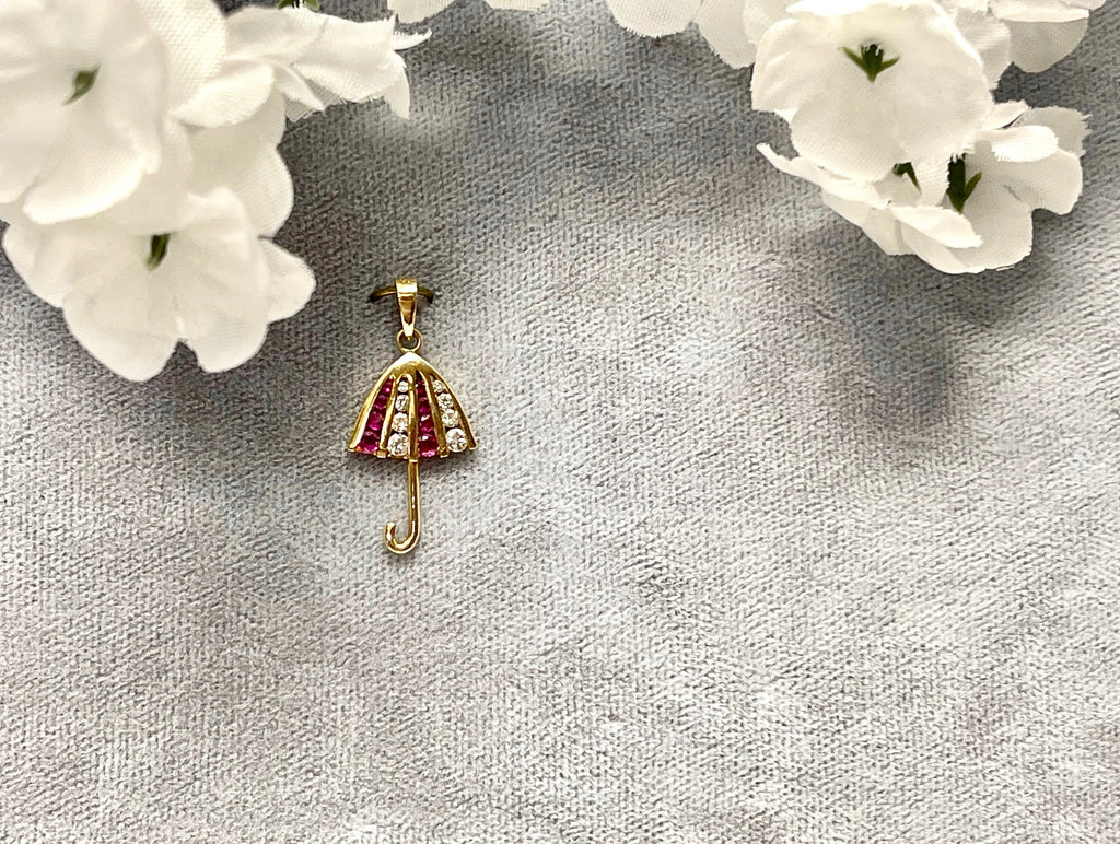 14k Yellow Gold Umbrella Pendant: Ruby and Diamond Charm