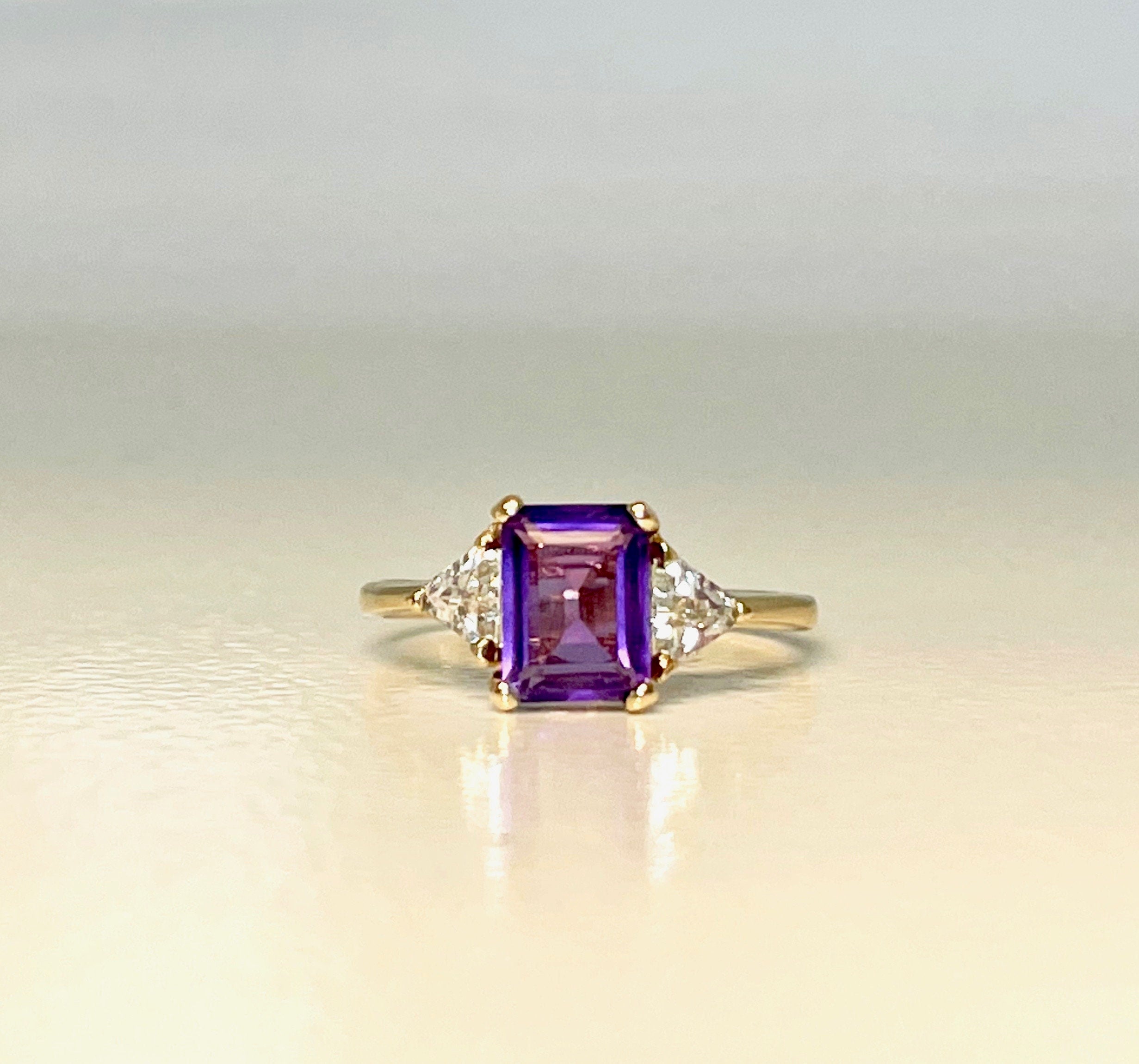 14k Yellow Gold Amethyst Ring with CZ Accents - Size 7.75