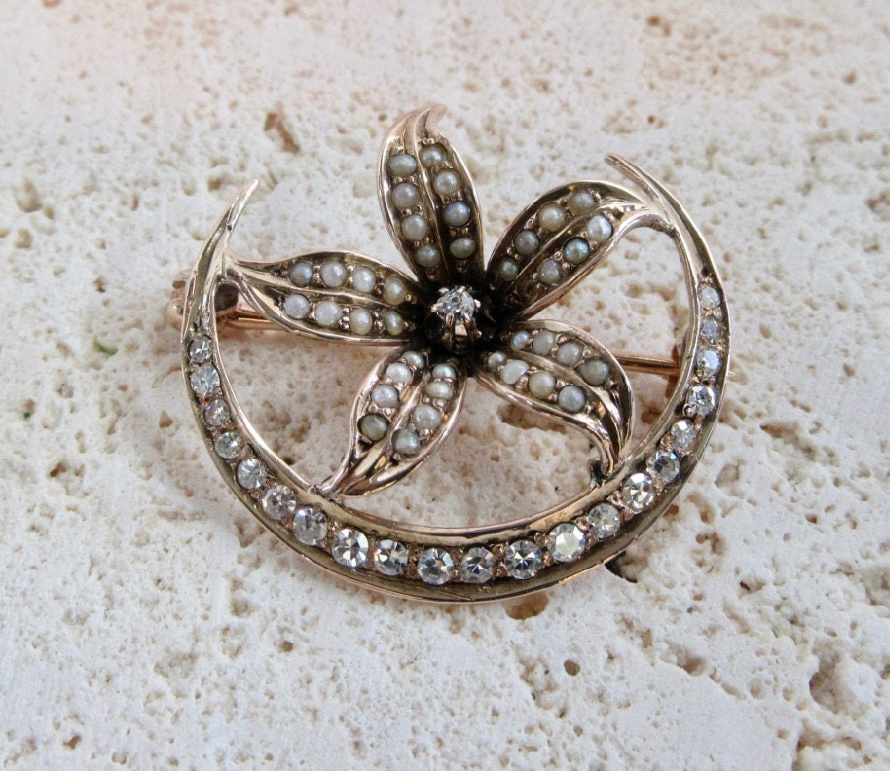 Antique Diamond & Pearl Crescent Star Pin: Victorian 14k Gold
