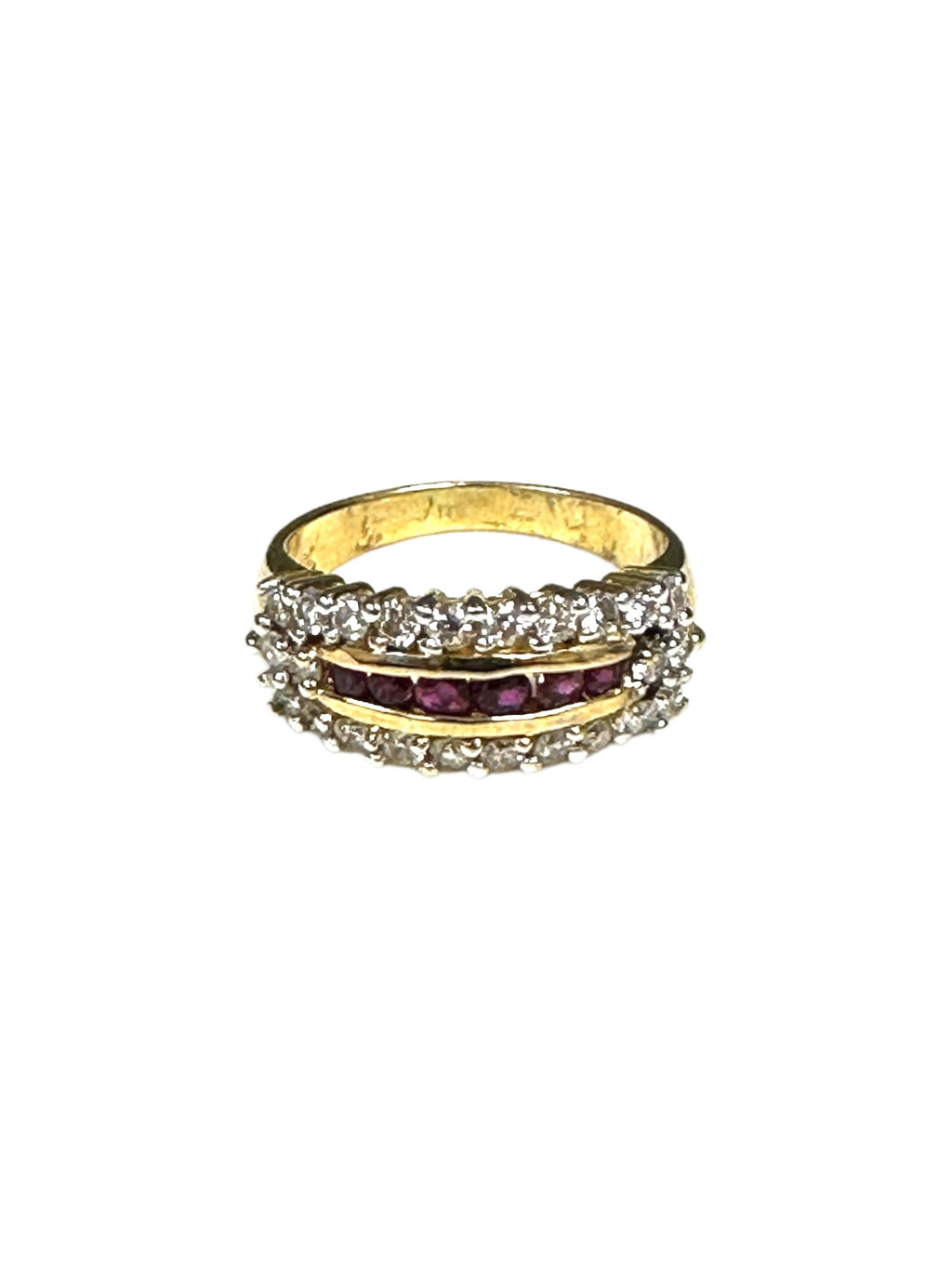 14K Yellow Gold Ruby Diamond Stacking Ring, Estate Vintage Straight Line Band