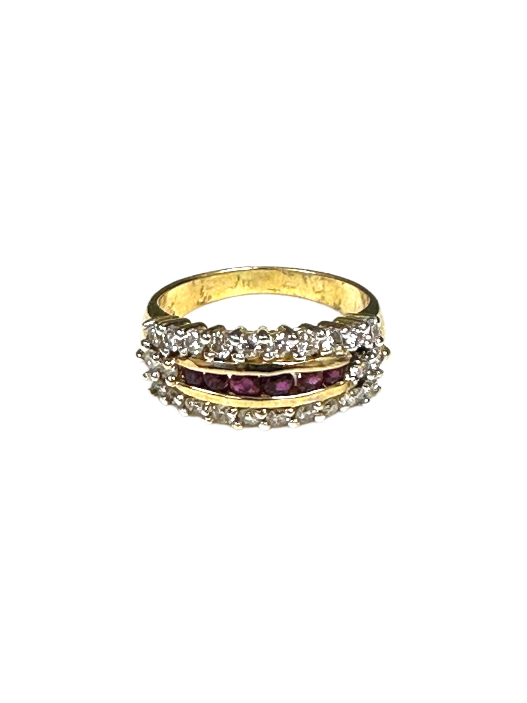 14K Yellow Gold Ruby Diamond Stacking Ring, Estate Vintage Straight Line Band