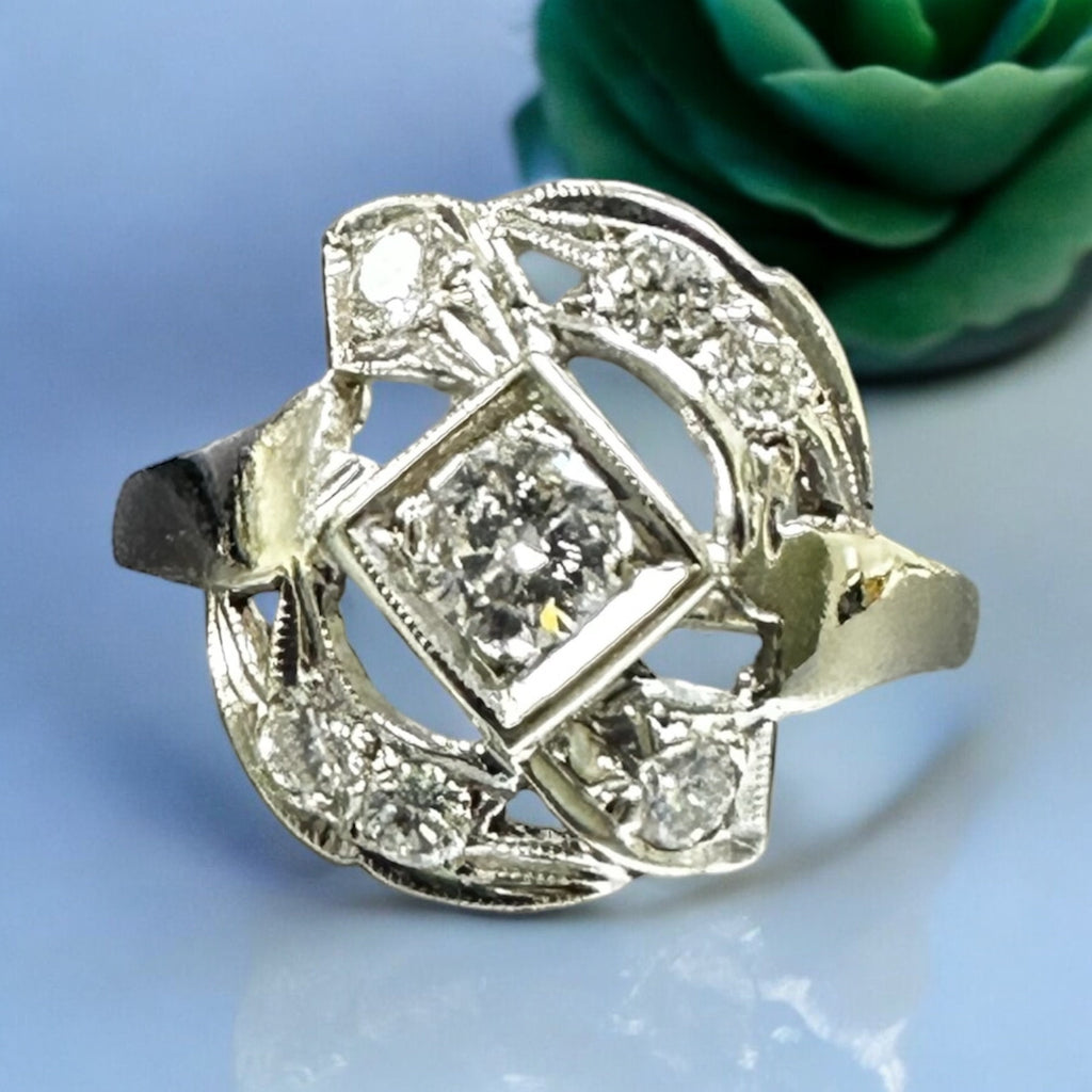 1950s White Gold Diamond Cocktail Ring, 0.25 Carat, Size 6.75
