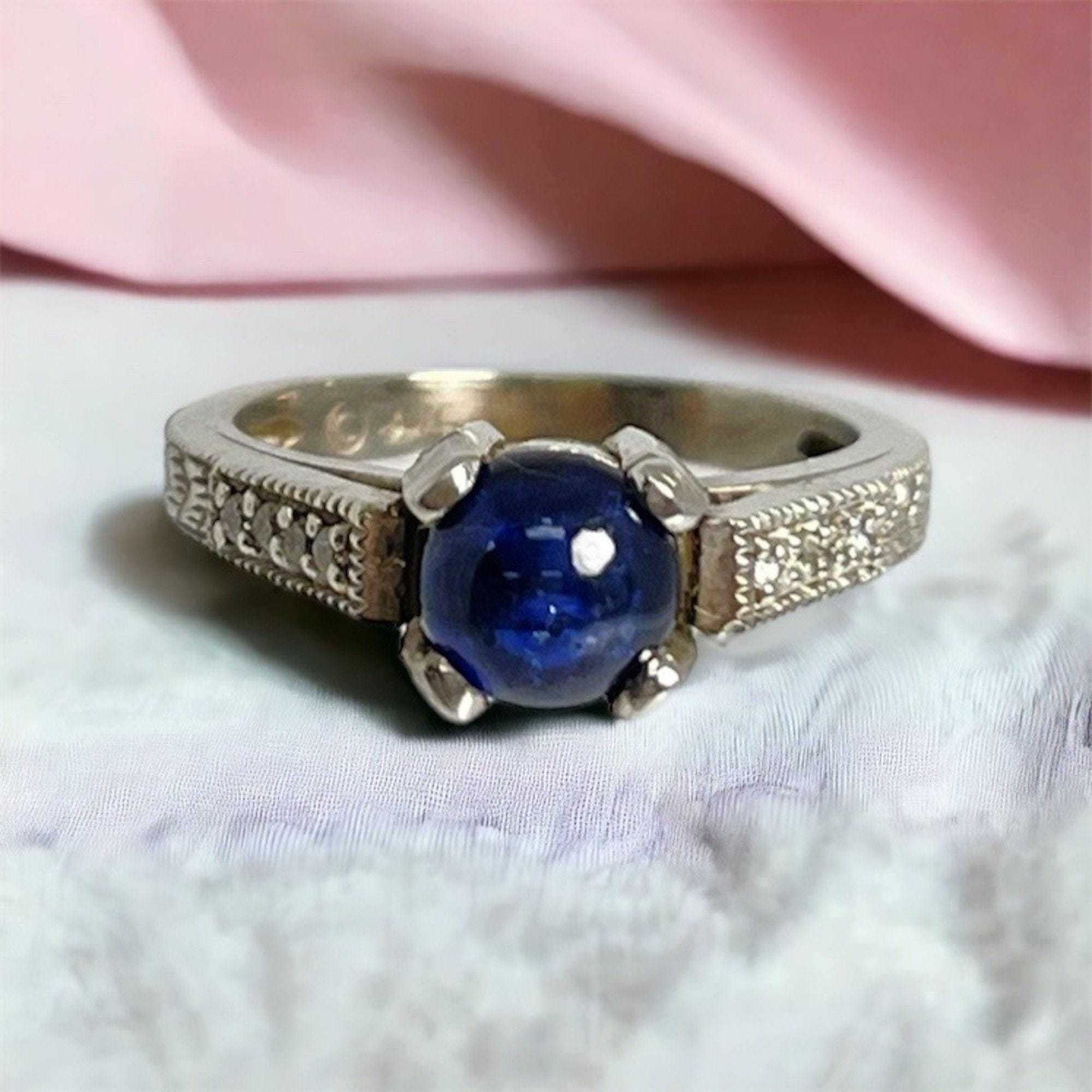 Vintage 14K White Gold Cabochon Sapphire and Diamond Ring