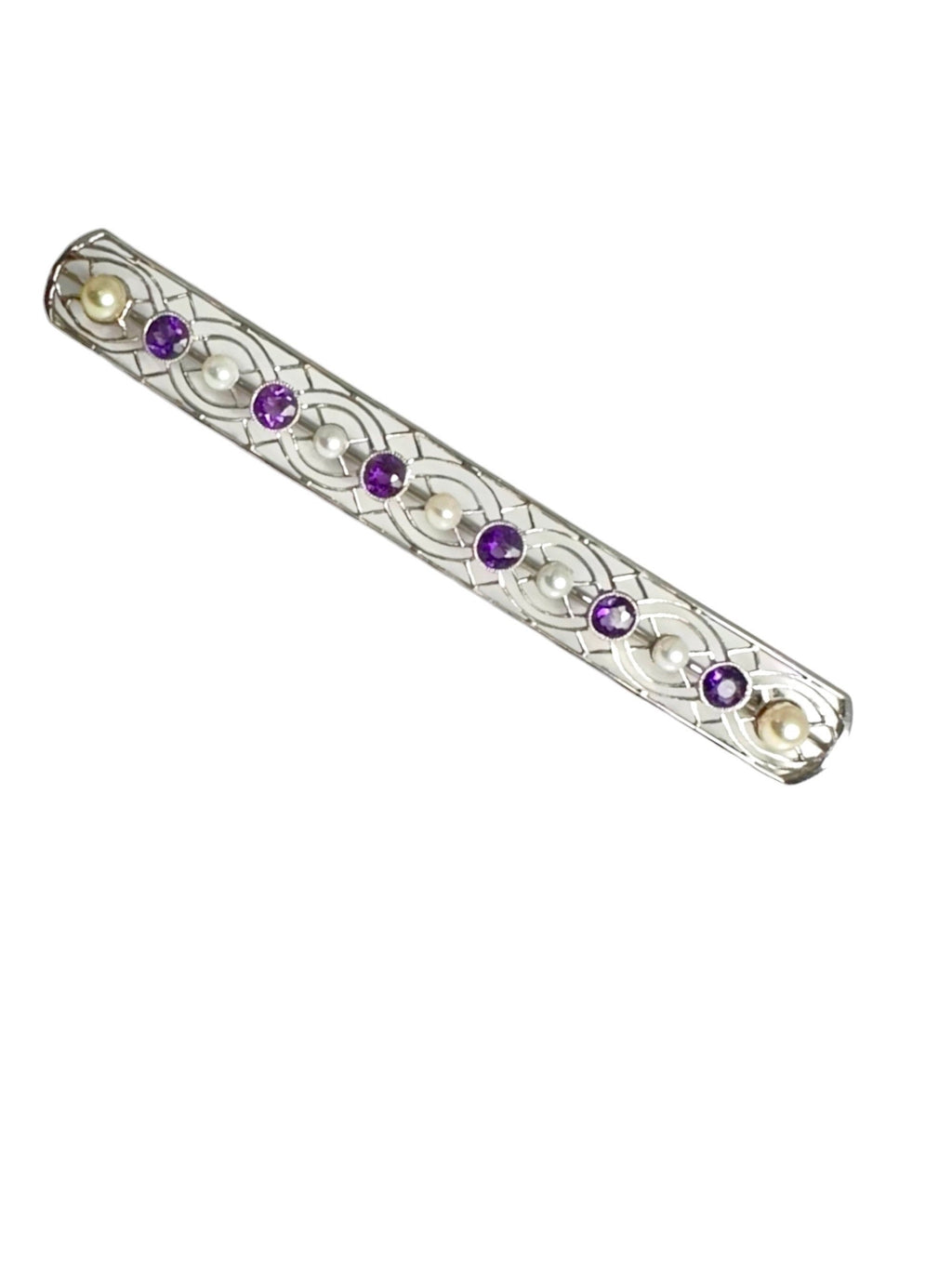 18K White Gold Bar Brooch: Amethyst & Cultured Pearl Pin