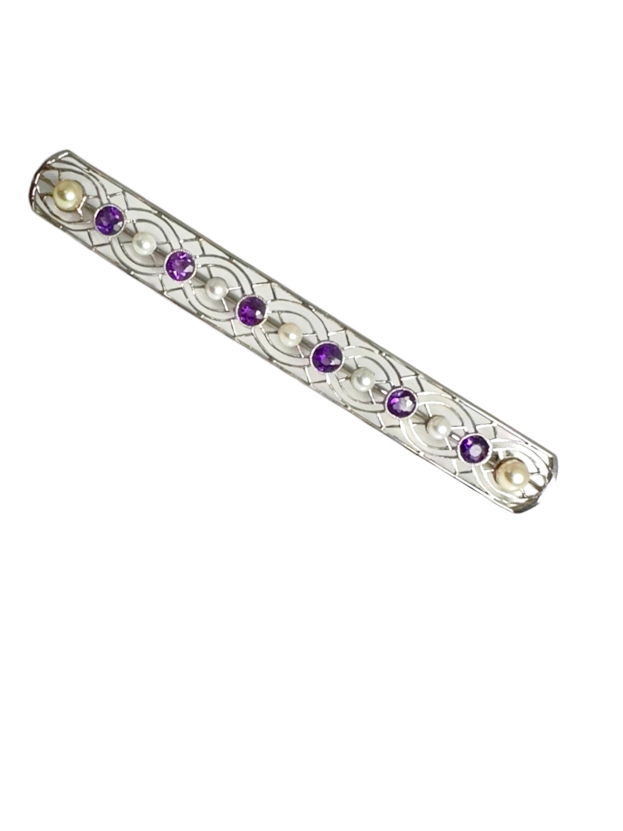 18K White Gold Bar Brooch: Amethyst & Cultured Pearl Pin