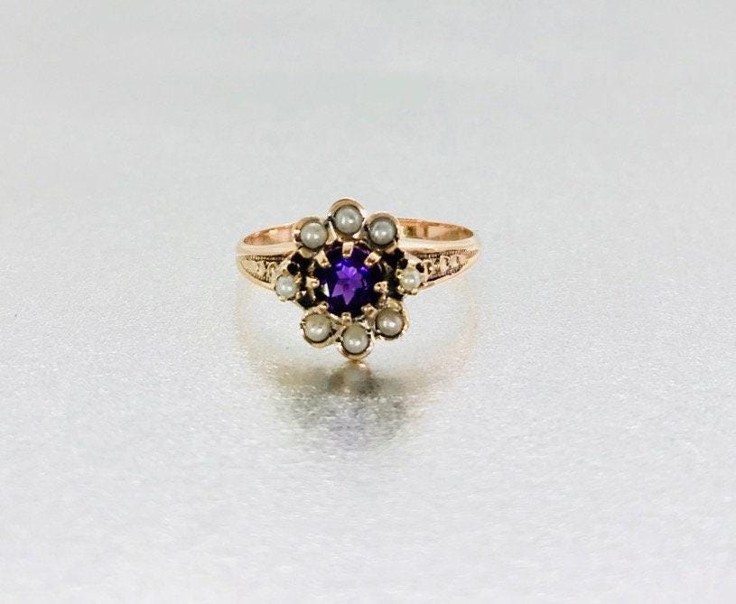 Victorian 10k Yellow Gold Amethyst Pearl Ring: February Birthstone