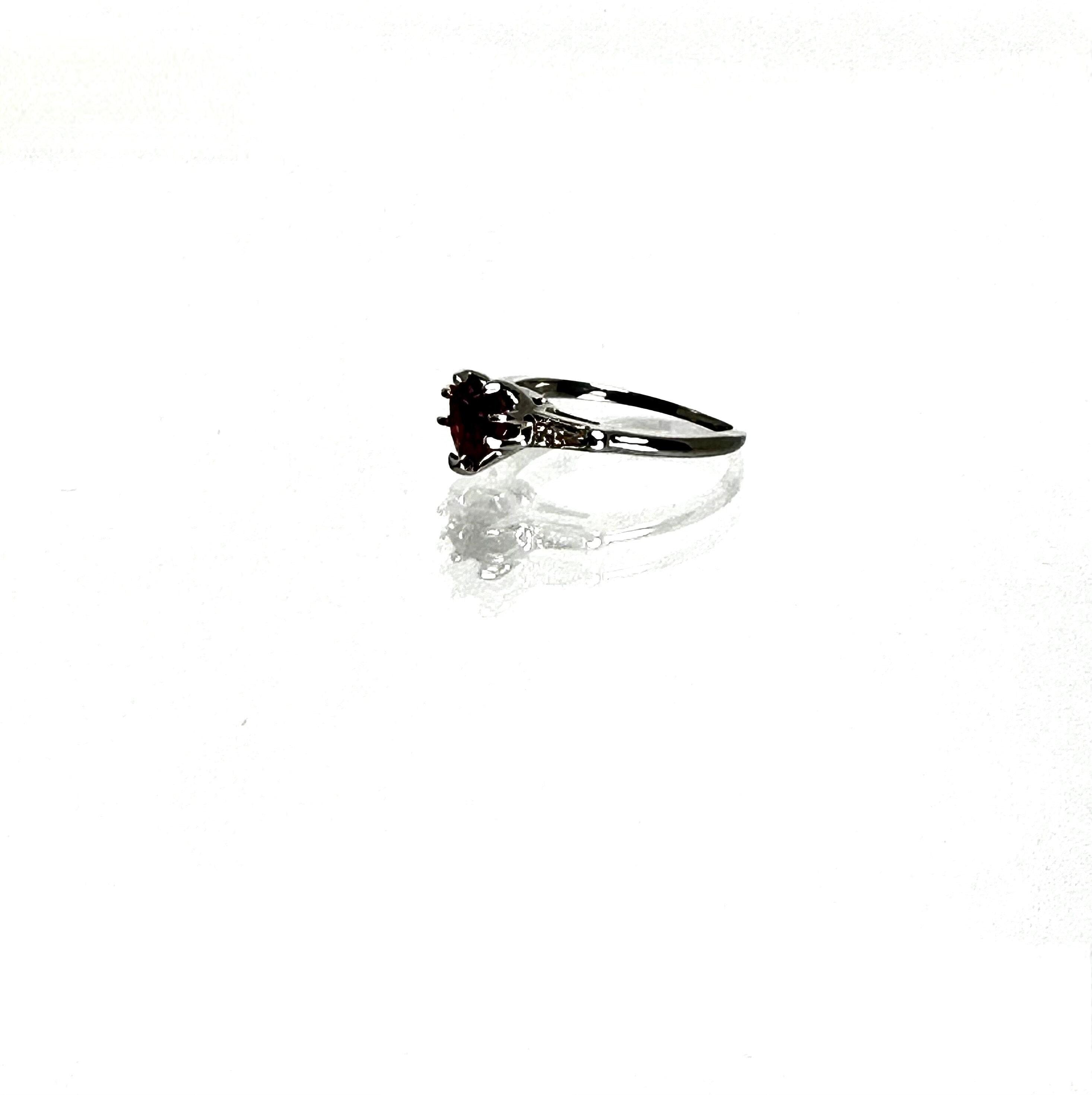 Unique 14K White Gold Heart Shaped Pink Tourmaline Ring with Baguette Diamond Accents