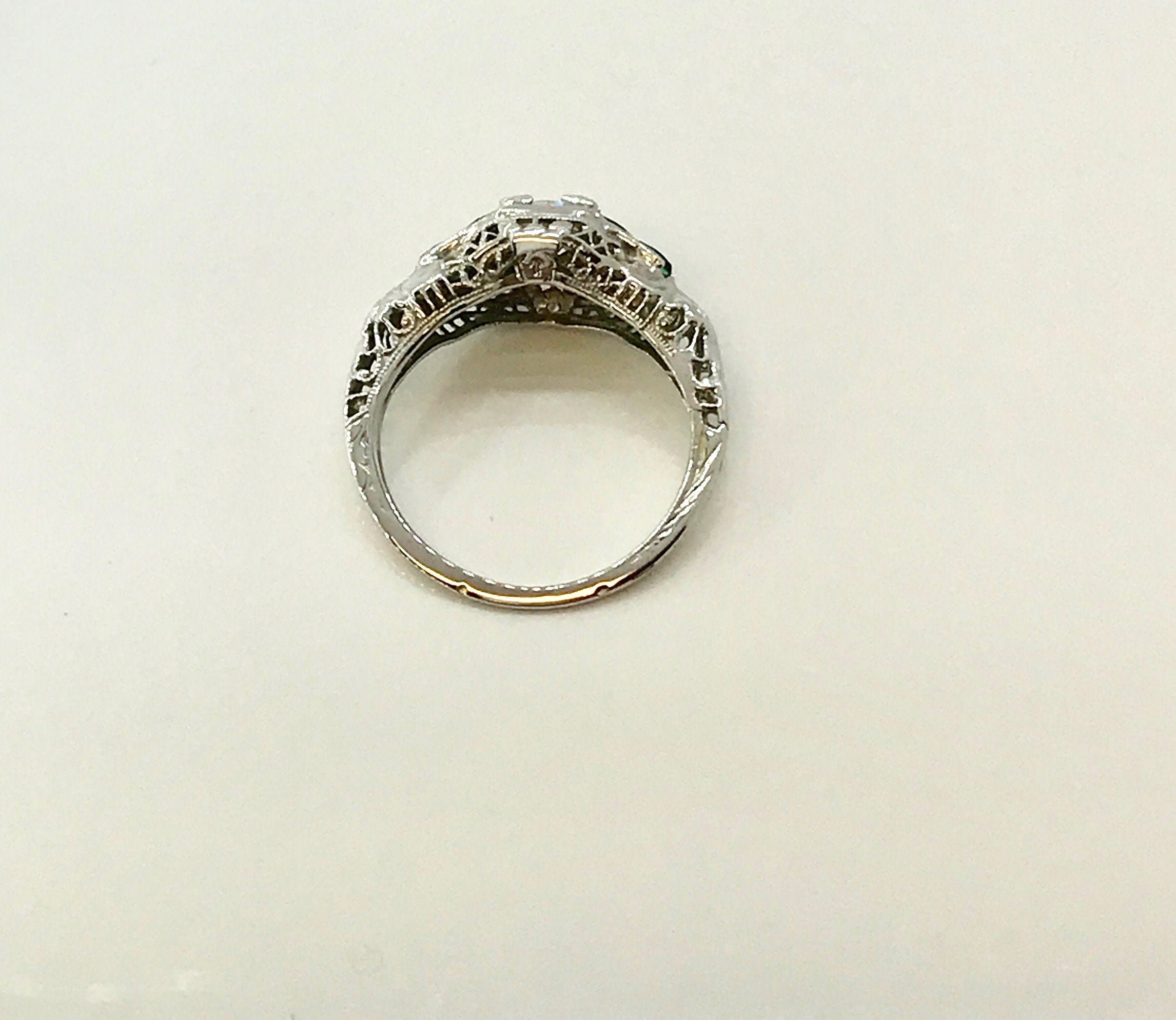 White Gold Diamond and Synthetic Emerald Filigree Engagement Ring