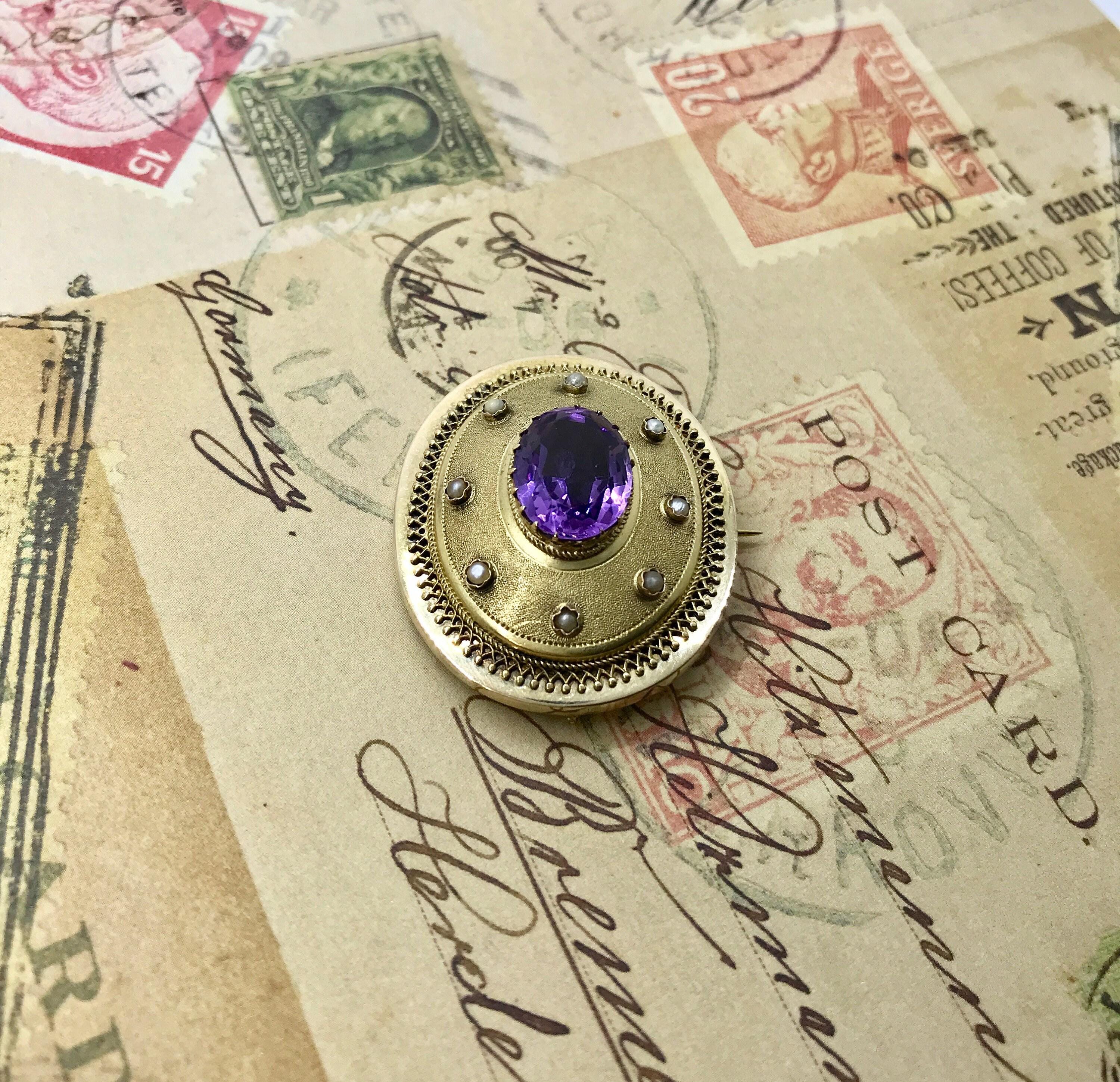 Antique 14k Yellow Gold Amethyst Pearl Brooch: Satin Finish Pin