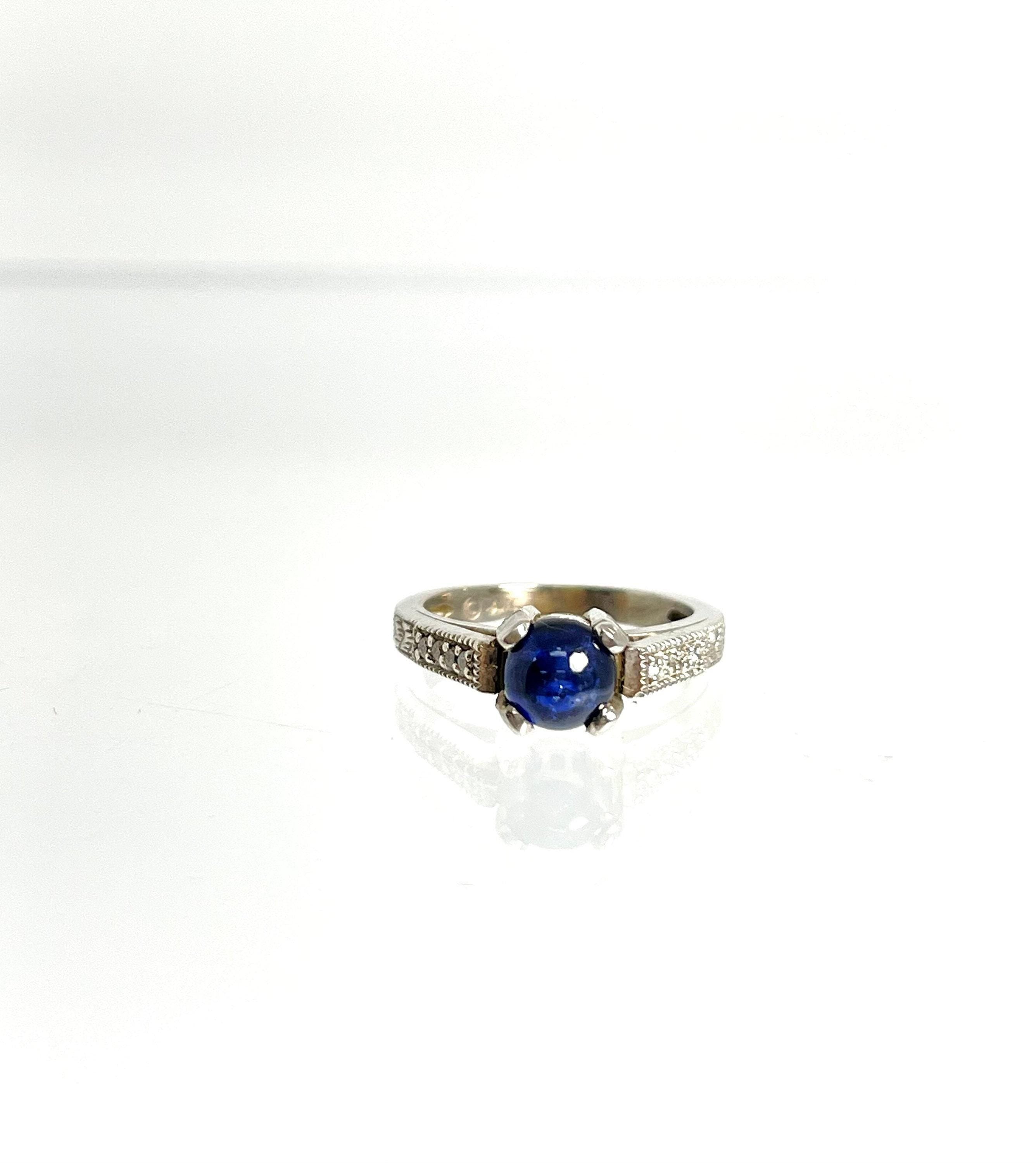 Vintage 14K White Gold Cabochon Sapphire and Diamond Ring