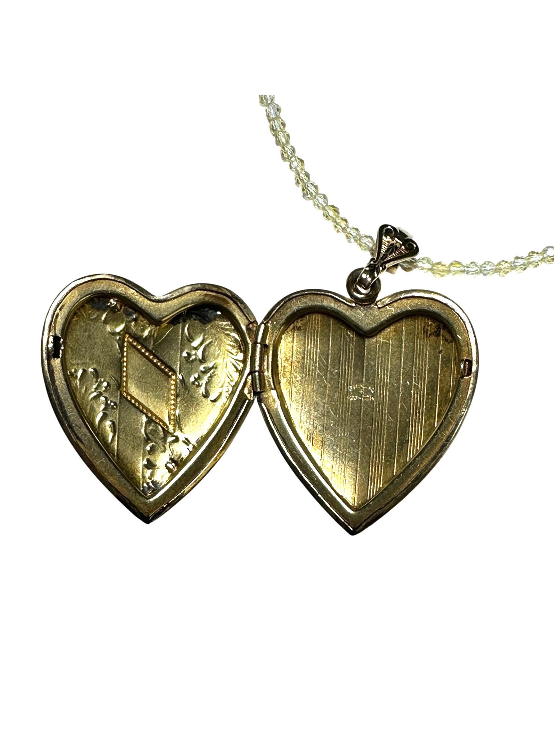 Vintage Gold-Filled Engraved Heart Locket Necklace Suspended by Quartz Crystal