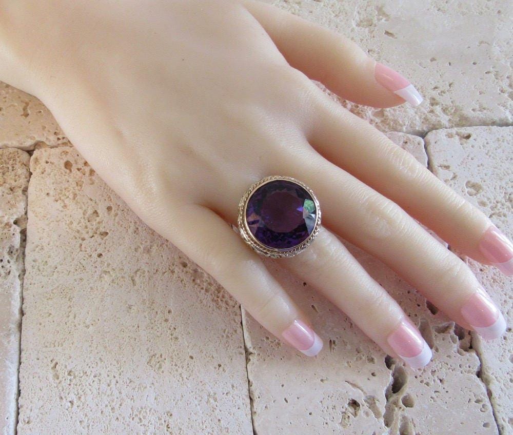 Sterling Silver Amethyst Filigree Ring, Sterling Ring with Gold Wash, February Birthstone, Birthstone Ring, Statement Ring