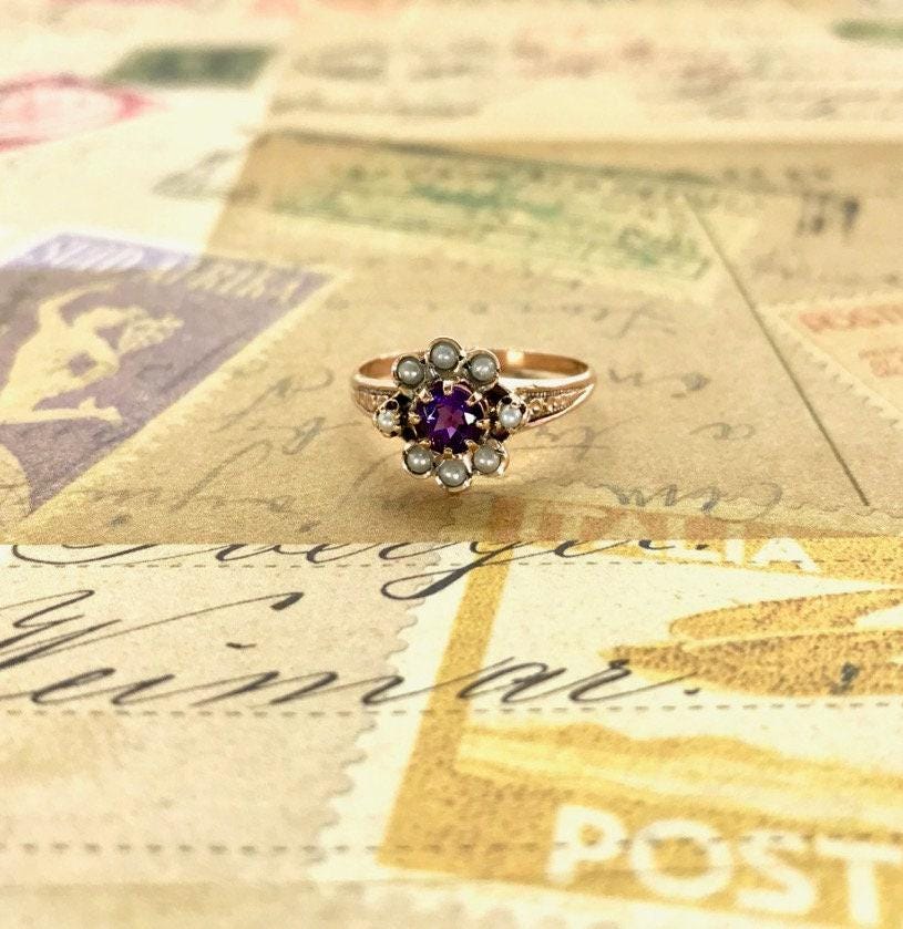Victorian 10k Yellow Gold Amethyst Pearl Ring: February Birthstone