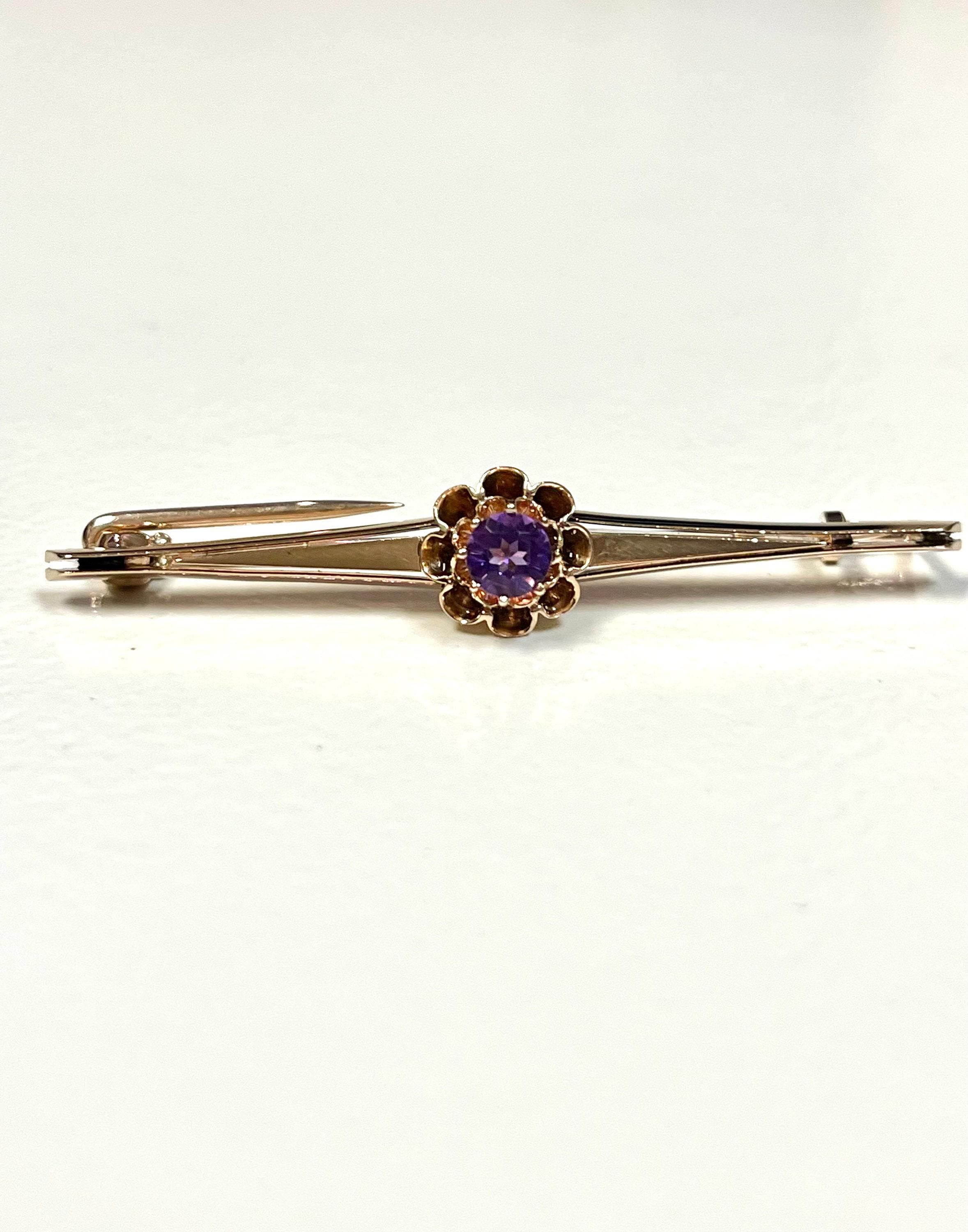 Antique 14k Yellow Gold Amethyst Bar Pin Brooch
