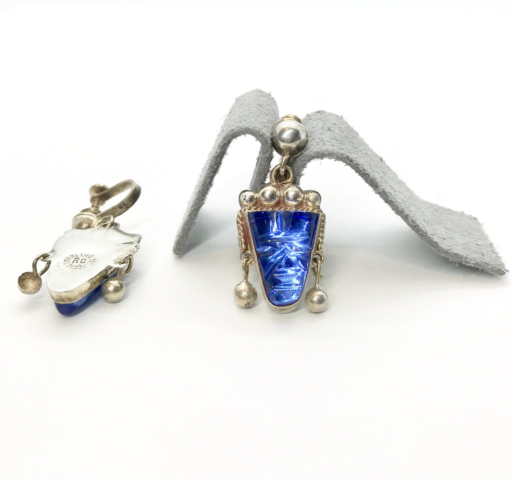 Sterling Silver Mexican Bracelet & Earring Set: Blue Carved Glass Filigree