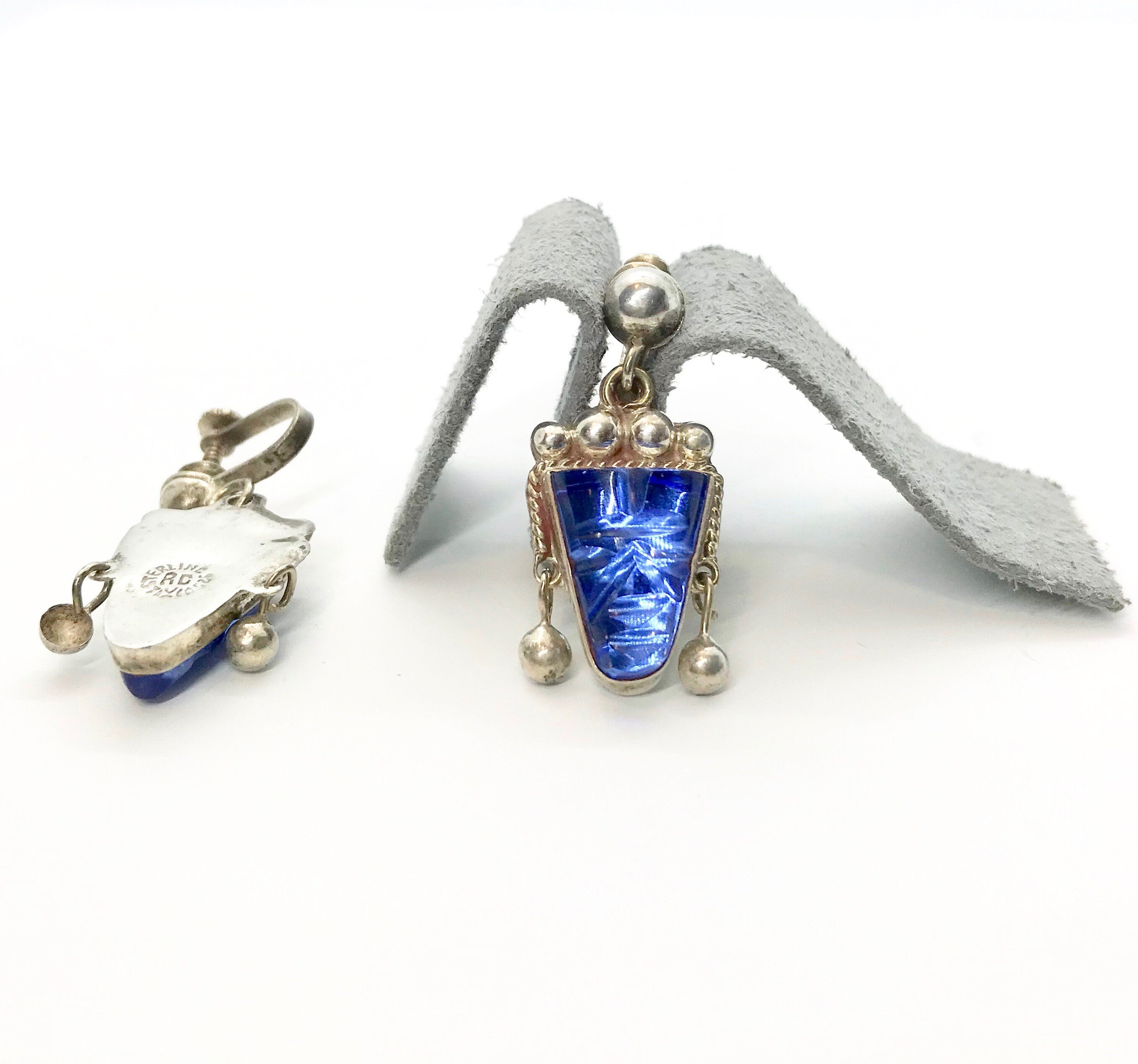 Sterling Silver Mexican Bracelet & Earring Set: Blue Carved Glass Filigree