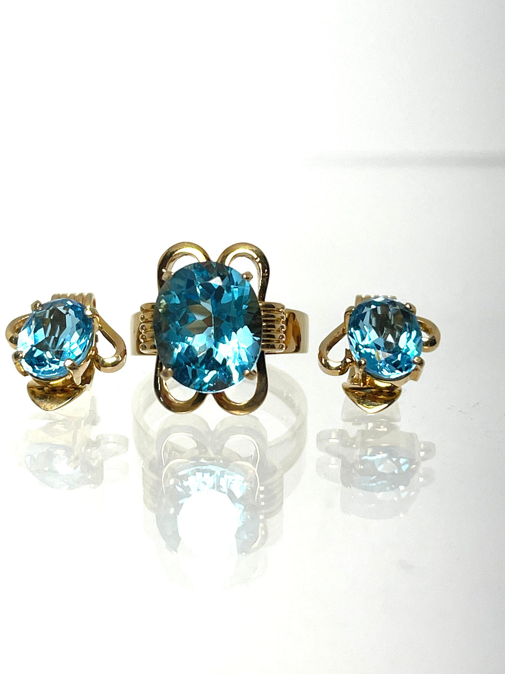 Vintage 14 Karat Yellow Gold Blue Topaz ring and Clip on Earring Set