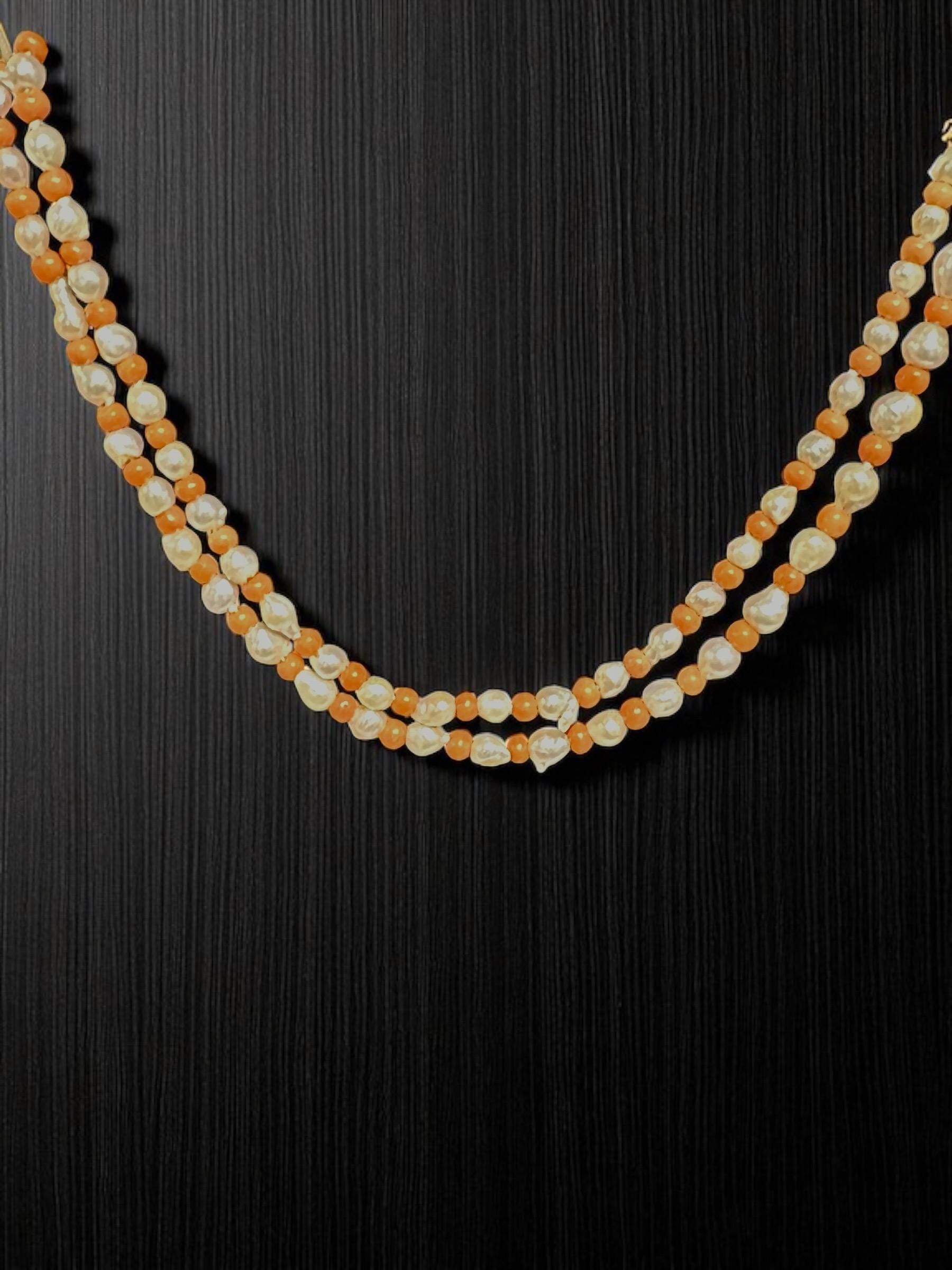 Vintage Coral and Baroque Pearl Necklace: 14K Gold Filigree Clasp, 28 Inch