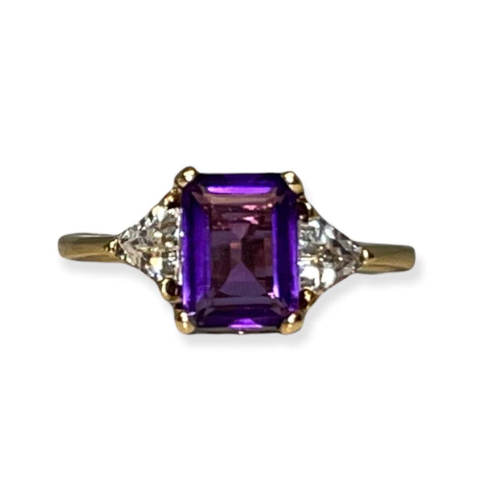 14k Yellow Gold Amethyst Ring with CZ Accents - Size 7.75