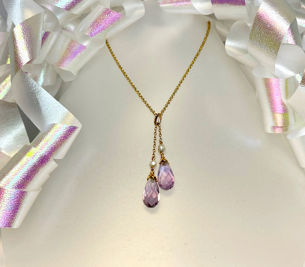 Vintage 14k Yellow Gold Amethyst Briolette & Pearl Necklace