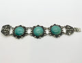 Vintage Mexican Sterling Silver Bracelet: Green Cabochon Glass, Wide Link