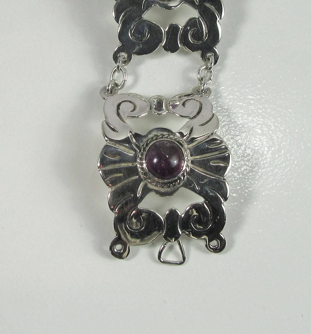 Vintage Mexican Silver Amethyst Link Bracelet: Geometric Scroll Design