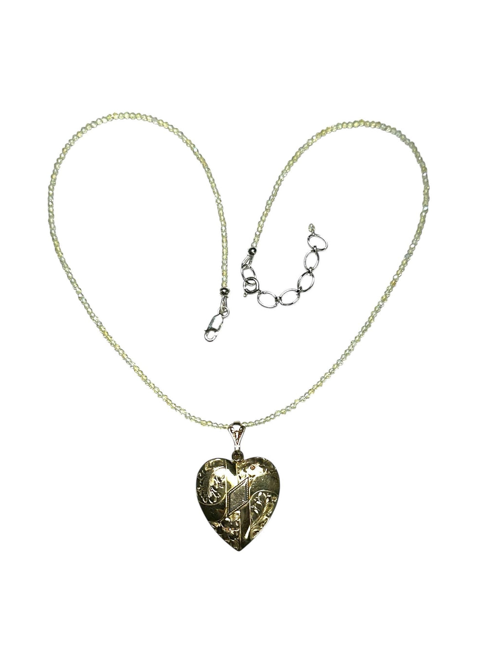 Vintage Gold-Filled Engraved Heart Locket Necklace Suspended by Quartz Crystal