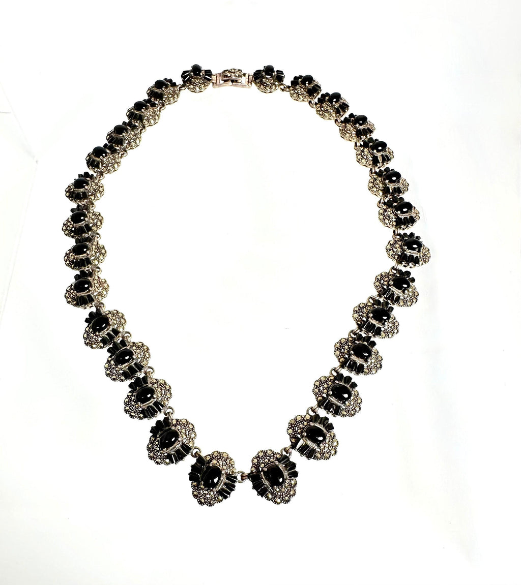 Vintage Sterling Silver Black Onyx Marcasite Link Necklace