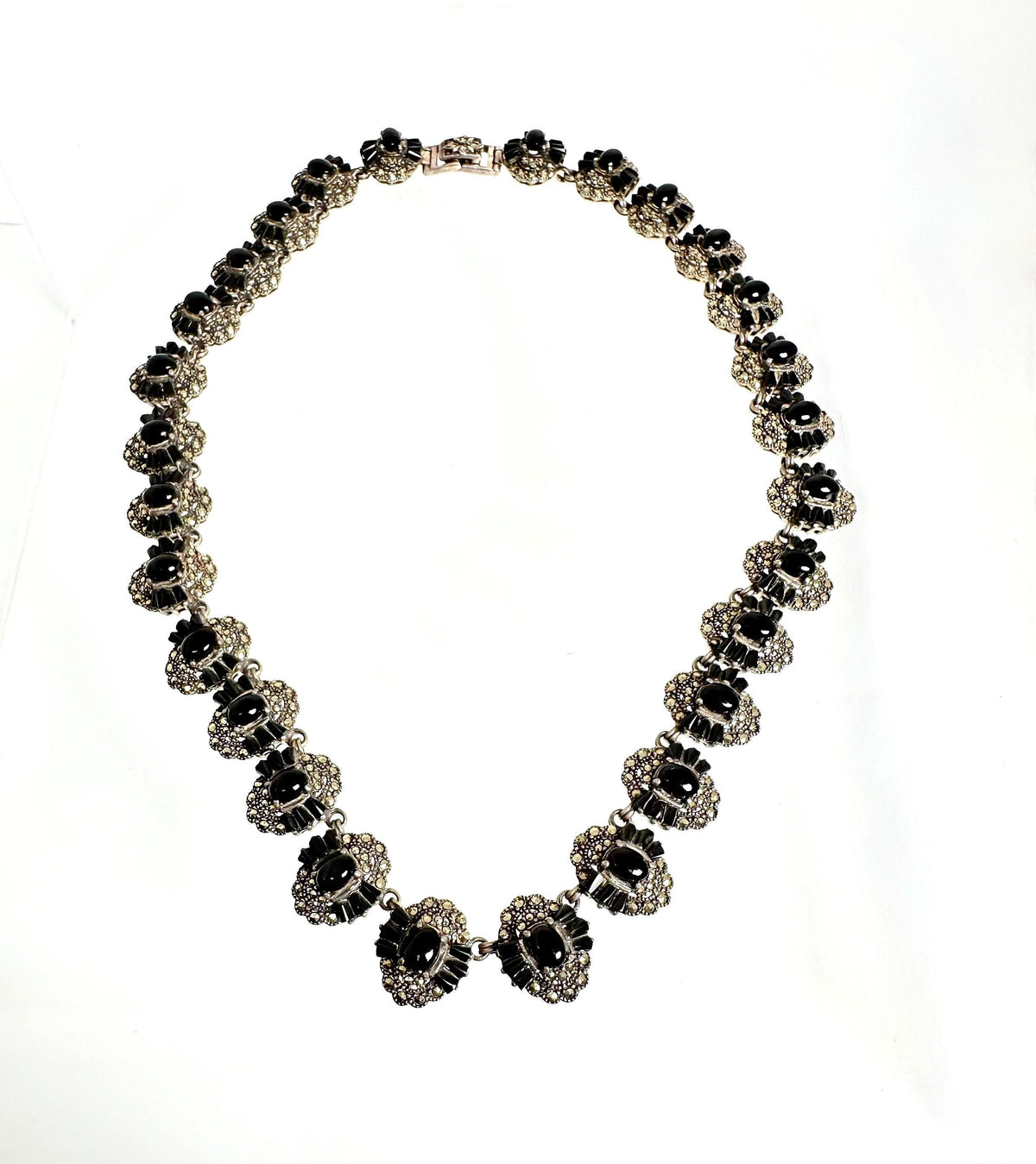 Vintage Sterling Silver Black Onyx Marcasite Link Necklace