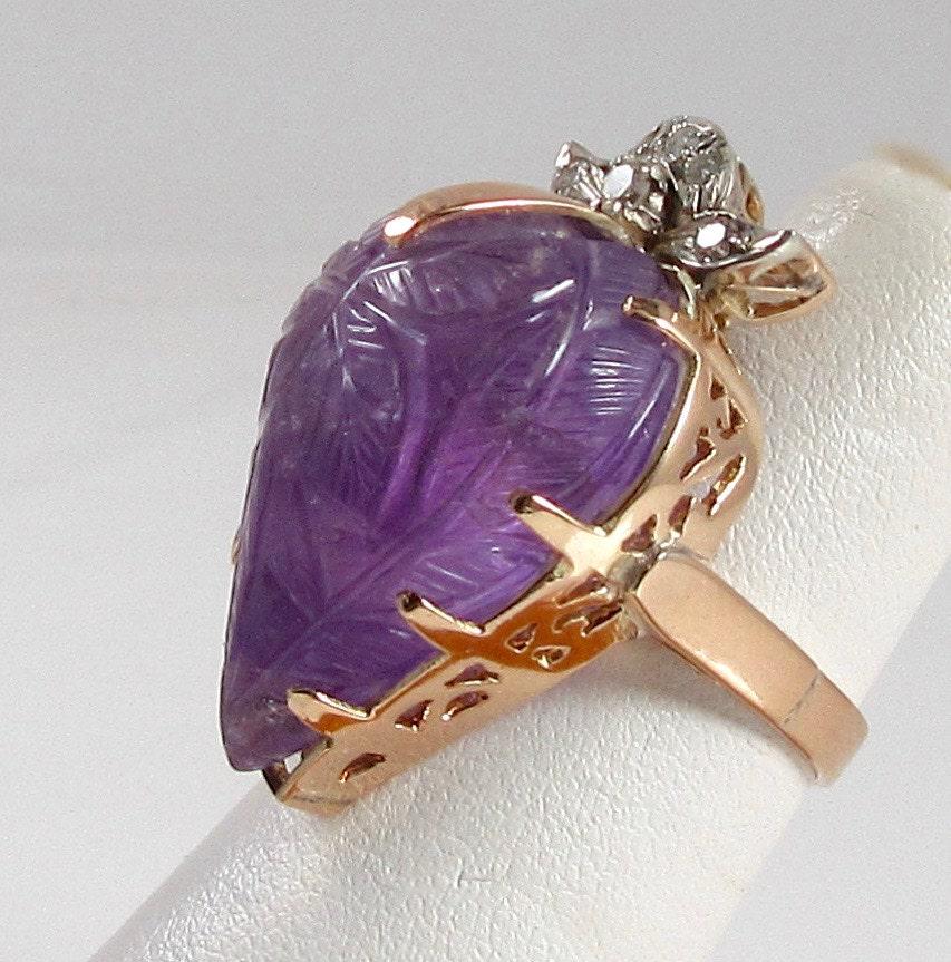 1970s Carved Amethyst Diamond Ring: 14k Gold Statement Ring, Size 6.5