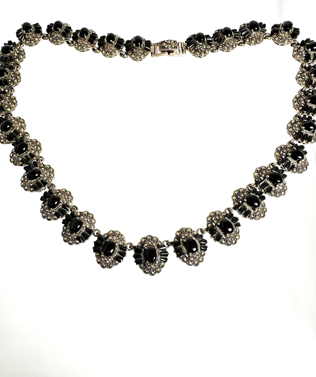 Vintage Sterling Silver Black Onyx Marcasite Link Necklace