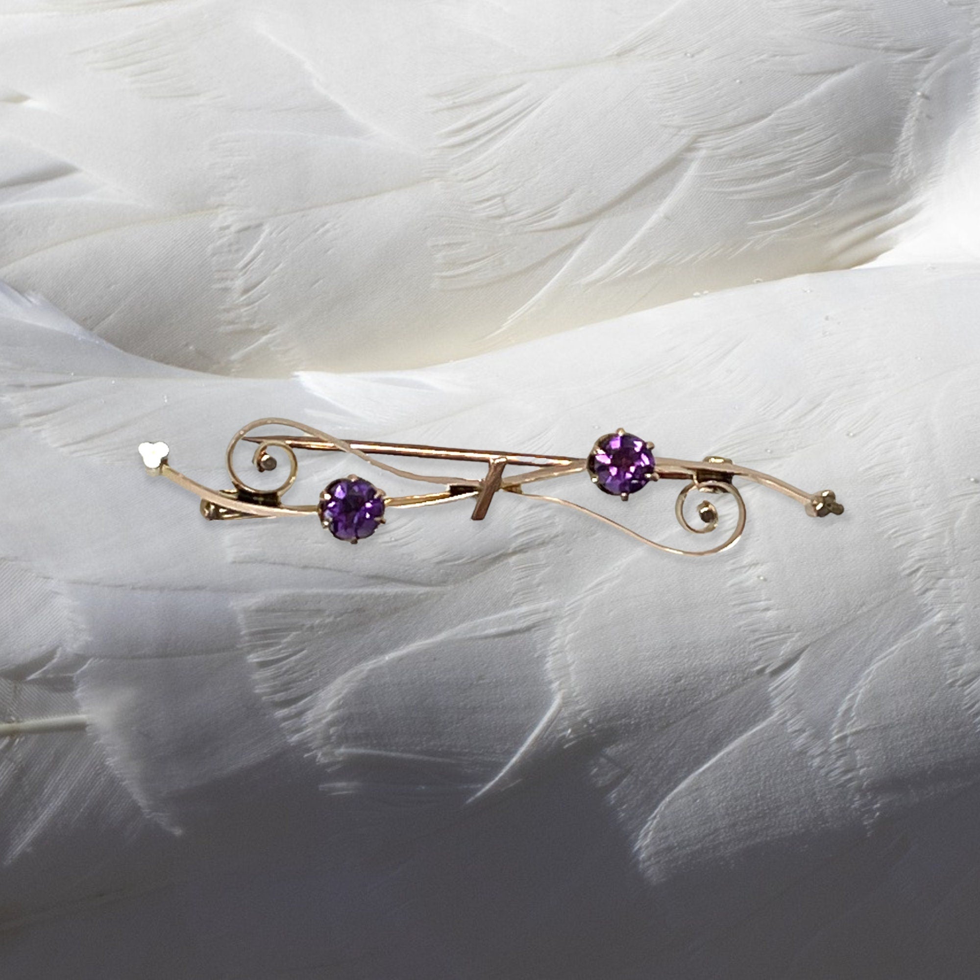 Antique 10k Gold Amethyst Bar Pin: Scrollwork Brooch