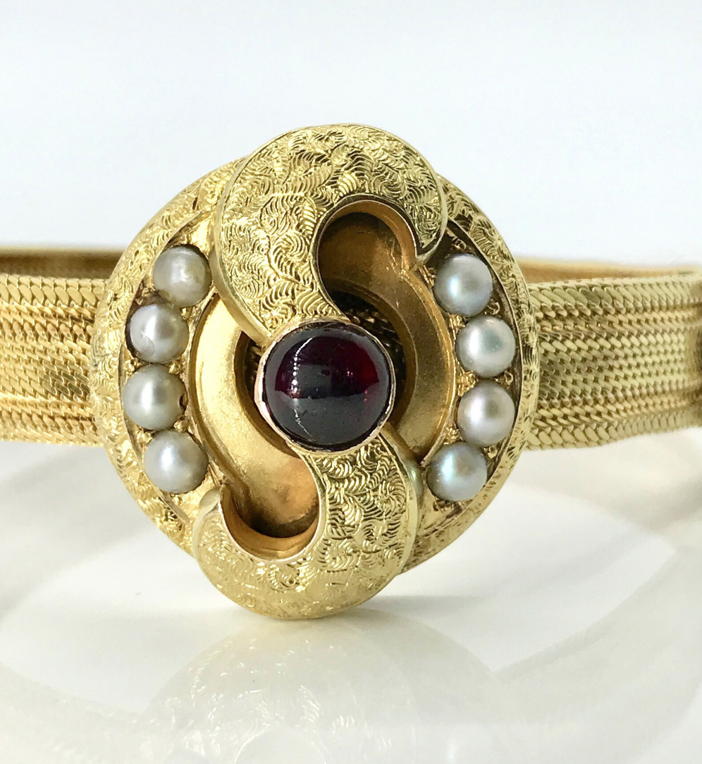 Yellow Gold Hand Engraved Garnet and Pearl Slide Bracelet, Mid Victorian Bracelet, Antique Garnet and Pearl Mesh Bracelet, Mesh Bracelet