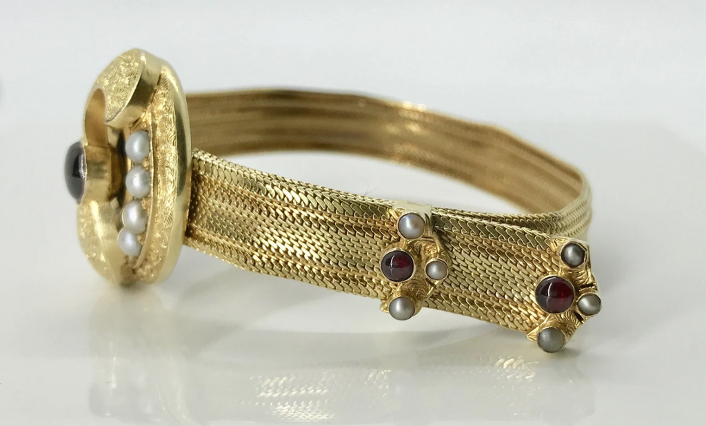 Yellow Gold Hand Engraved Garnet and Pearl Slide Bracelet, Mid Victorian Bracelet, Antique Garnet and Pearl Mesh Bracelet, Mesh Bracelet