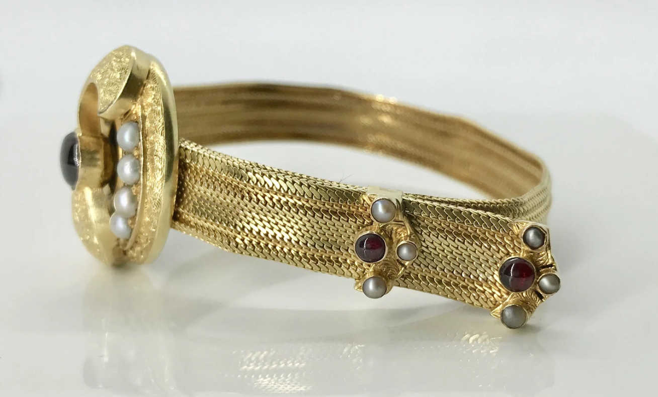 Yellow Gold Hand Engraved Garnet and Pearl Slide Bracelet, Mid Victorian Bracelet, Antique Garnet and Pearl Mesh Bracelet, Mesh Bracelet
