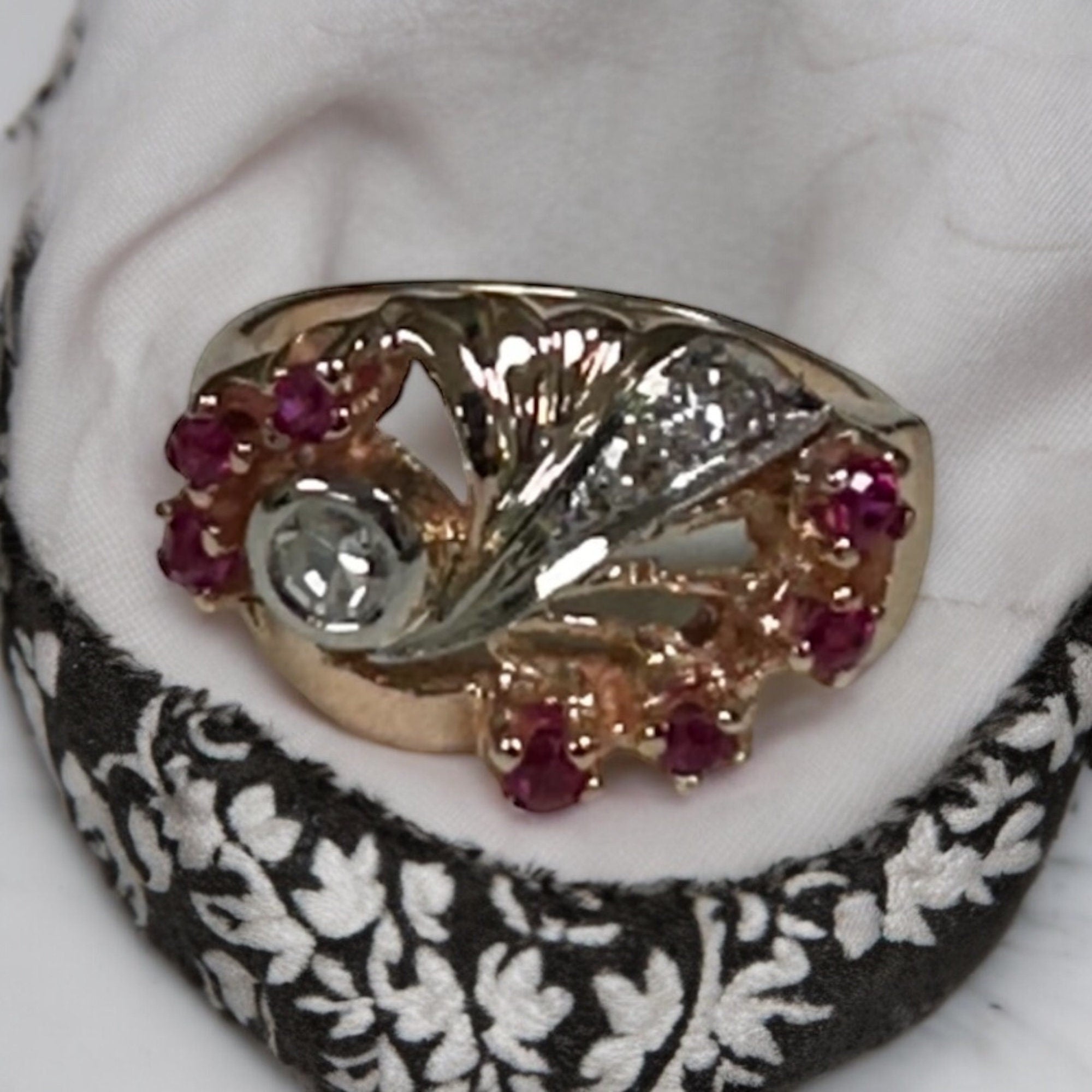 Vintage 14K Yellow-Pinkish Gold Ruby and Diamond Retro Ring - Cocktail Jewelry