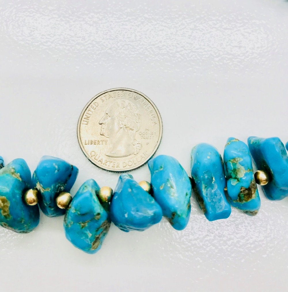 Chunky Turquoise Nugget Necklace: 14K Yellow Gold Beads, 20 Inch