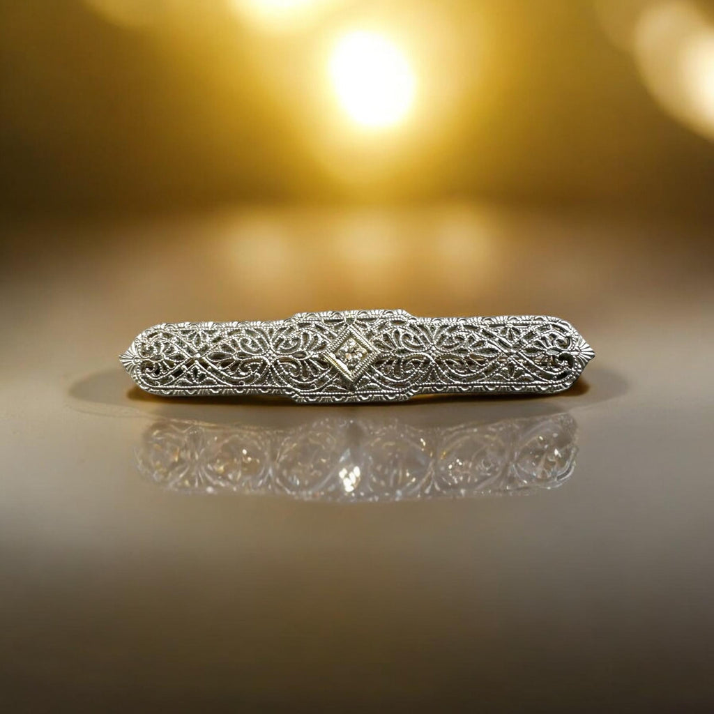 Elegant Edwardian Diamond Filigree Bar Pin in 14K White Gold